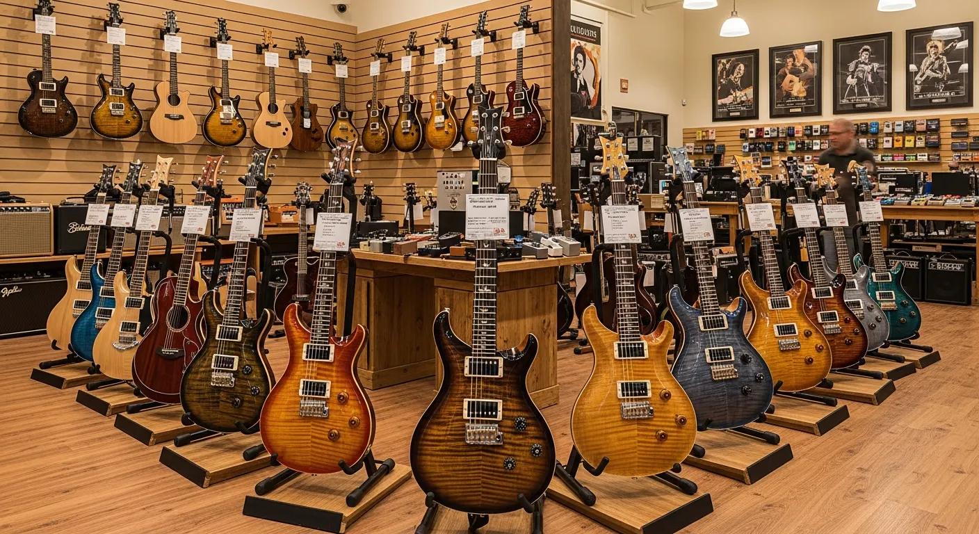 Display of PRS guitars in a music shop, showcasing craftsmanship and variety