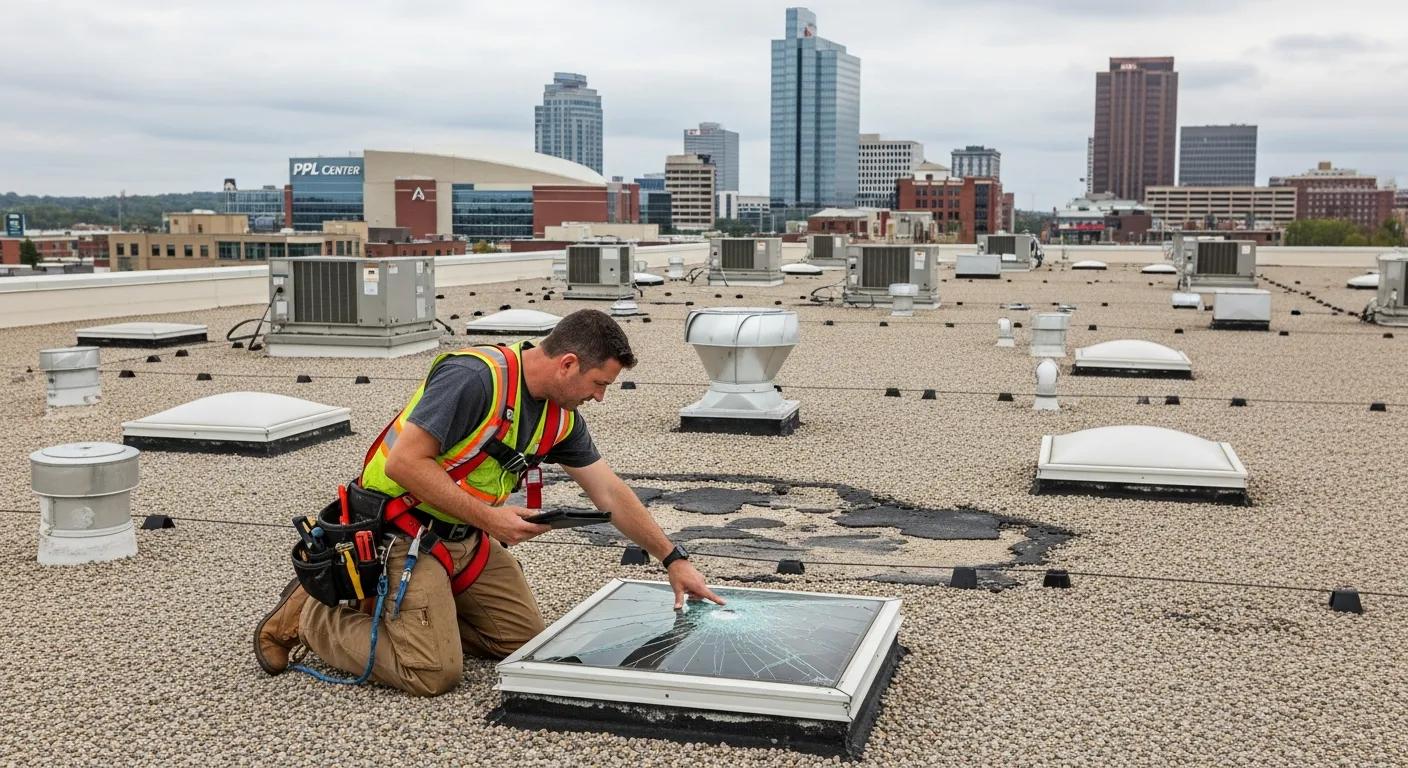Roof inspector evaluating damage on a commercial roof in Allentown, PA