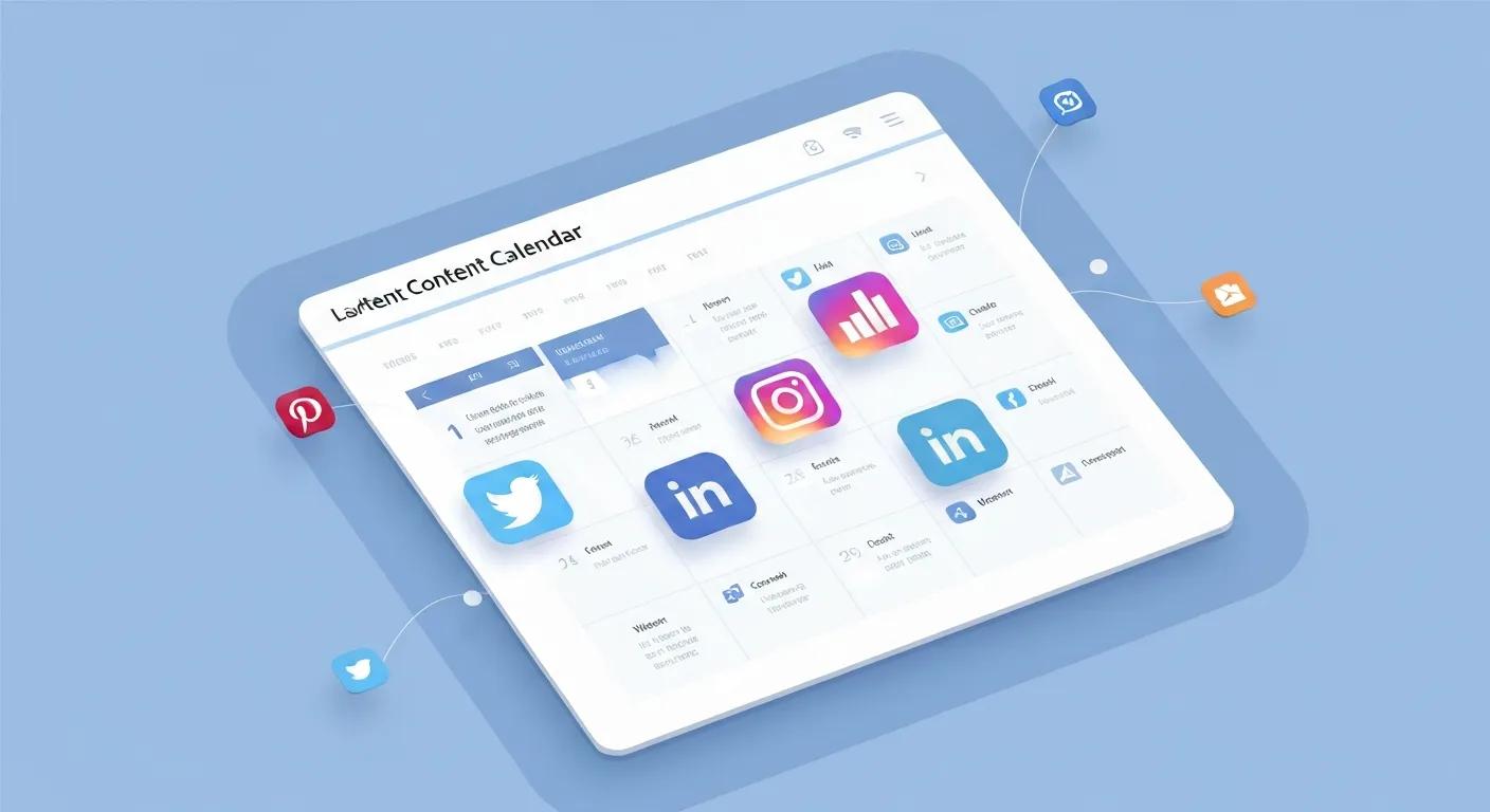 Content calendar and social icons illustrating visibility tactics