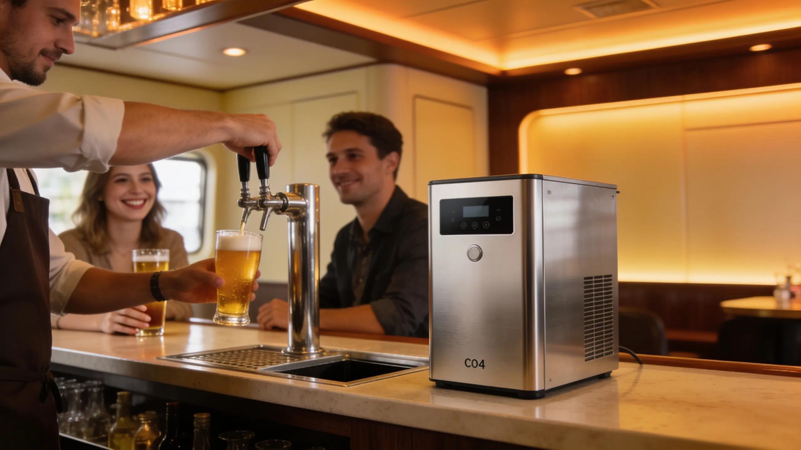 Countertop built-in CO2 draft beer dispenser in a compact bar setup, showcasing space-saving functionality