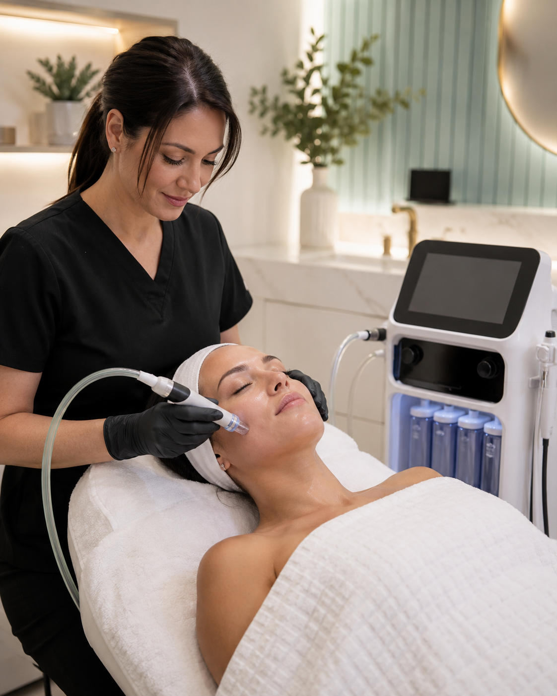 Aesthetician performing a skincare treatment on a woman in a spa setting