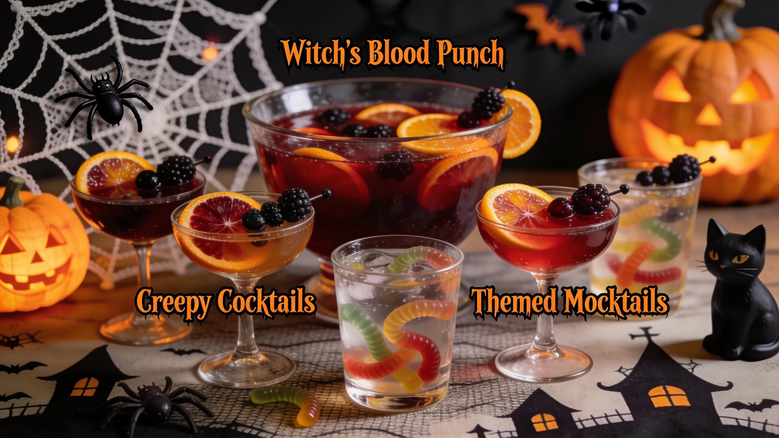 Themed Halloween beverages complementing gourmet appetizers