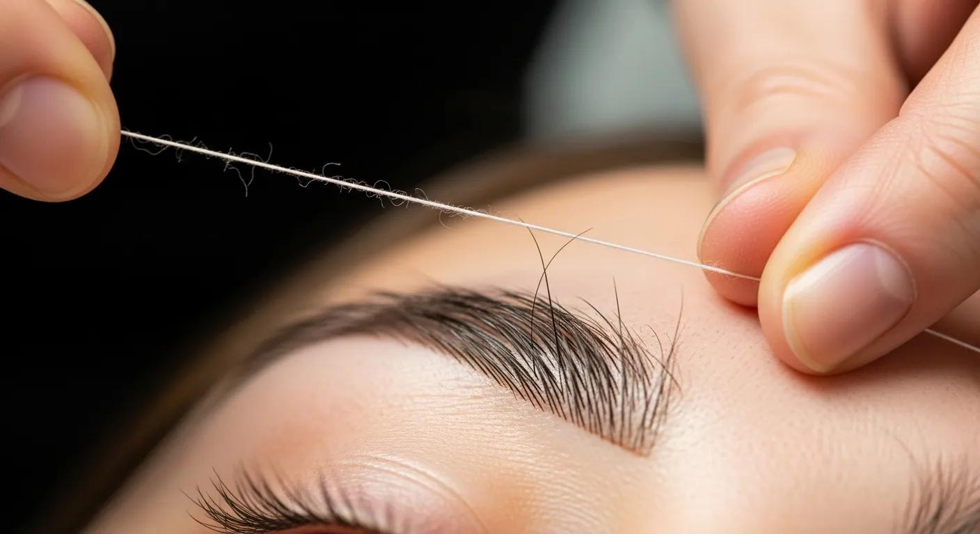 Close-up of eyebrow threading technique, highlighting the use of cotton thread for precise hair removal