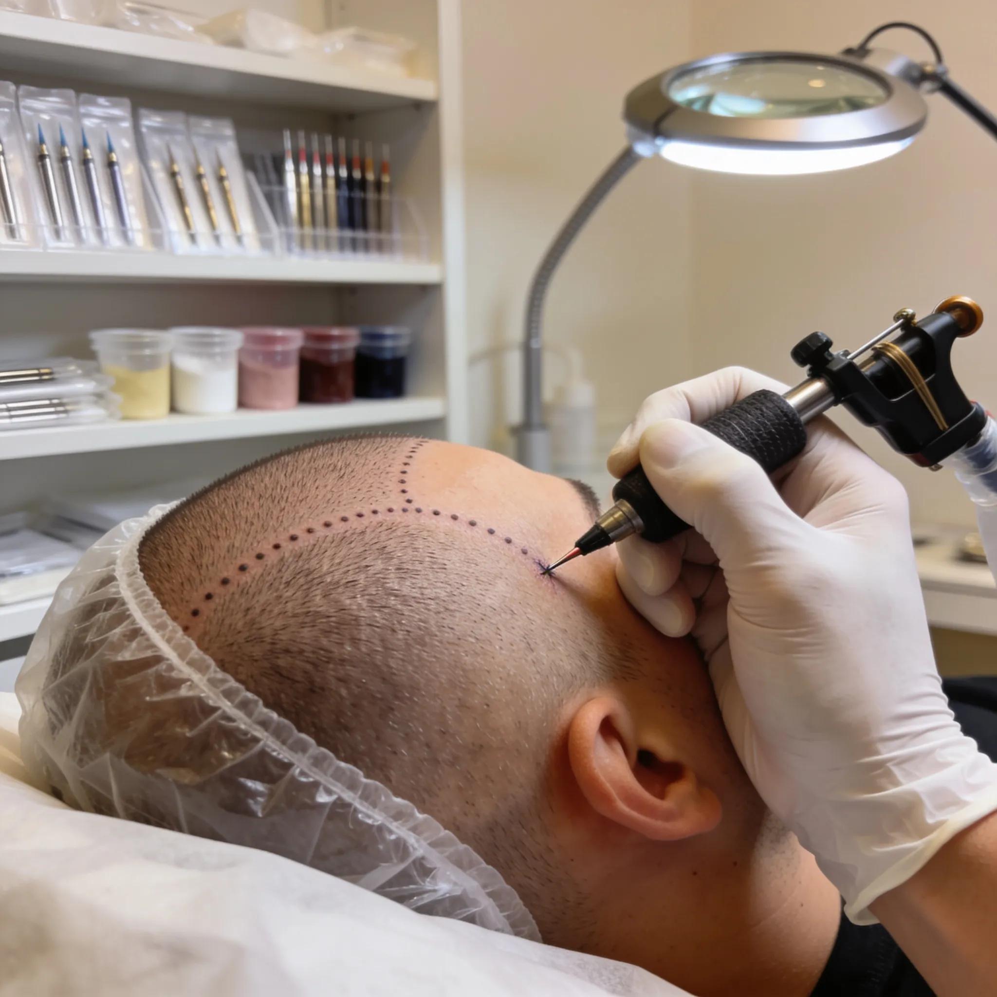 A professional applying scalp micropigmentation on a client’s scalp, illustrating the technique for enhancing hair appearance