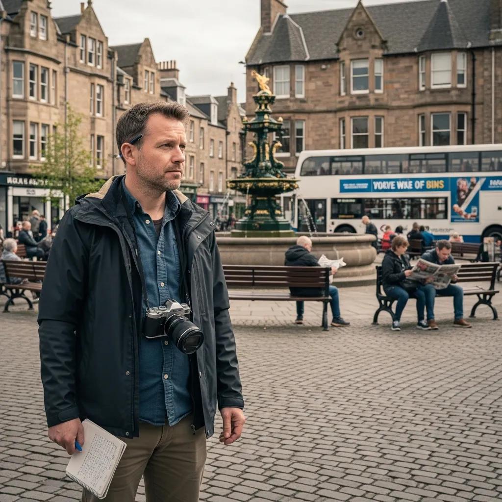 Investigator in Fife observing a public area with a notepad and camera
