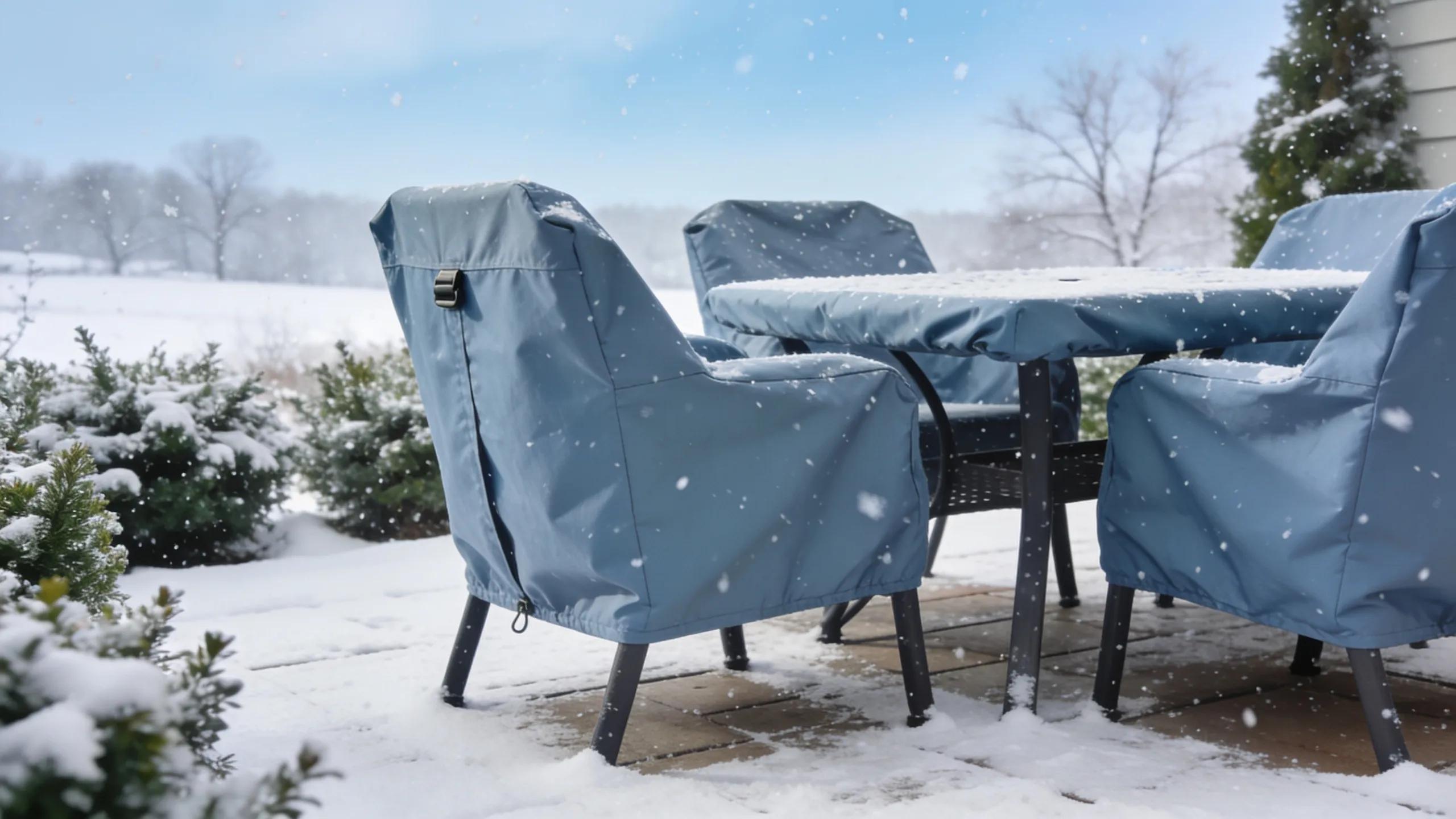 Poly outdoor furniture winter care with protective covers in a serene snowy landscape