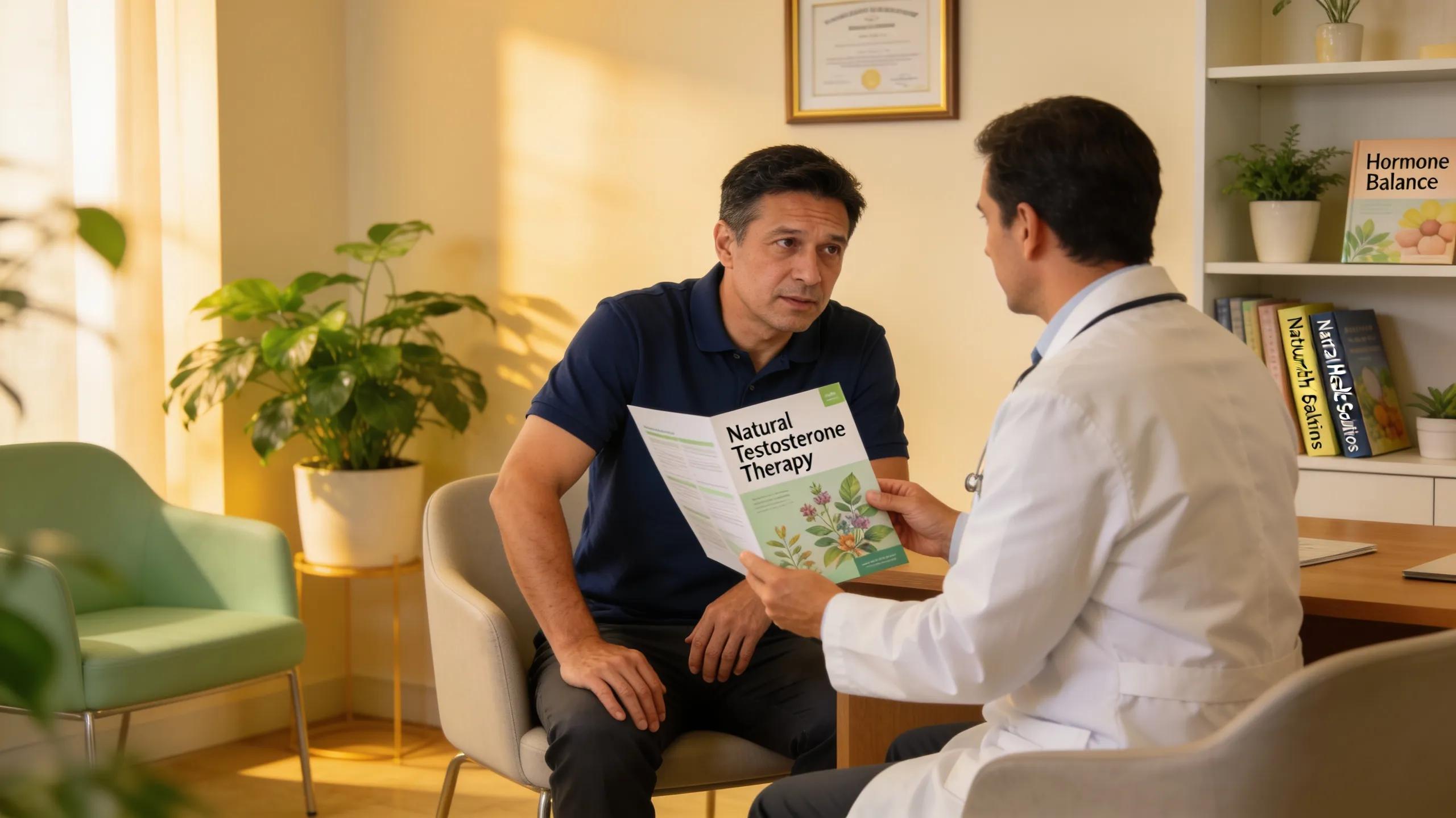 Man consulting with healthcare professional about testosterone therapy in a modern office setting