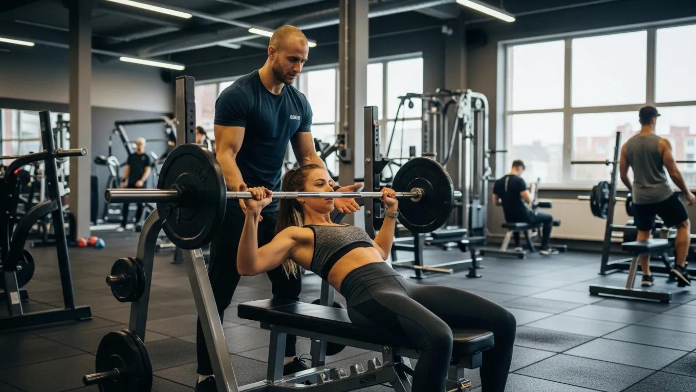 Personal trainer assisting a client with muscle gain exercises in a modern gym