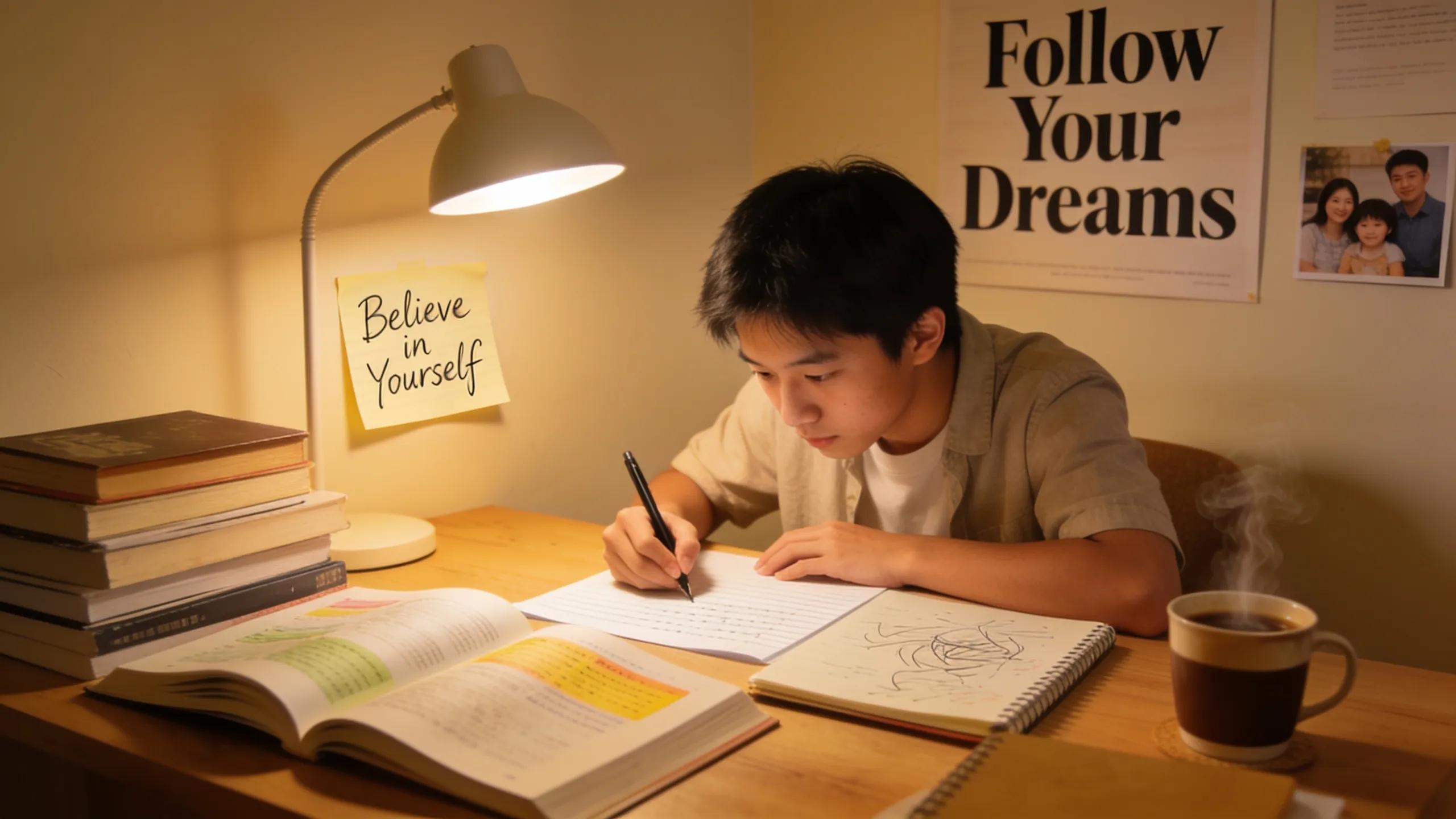 Student writing an application essay at a desk, reflecting personal growth and creativity in application processes