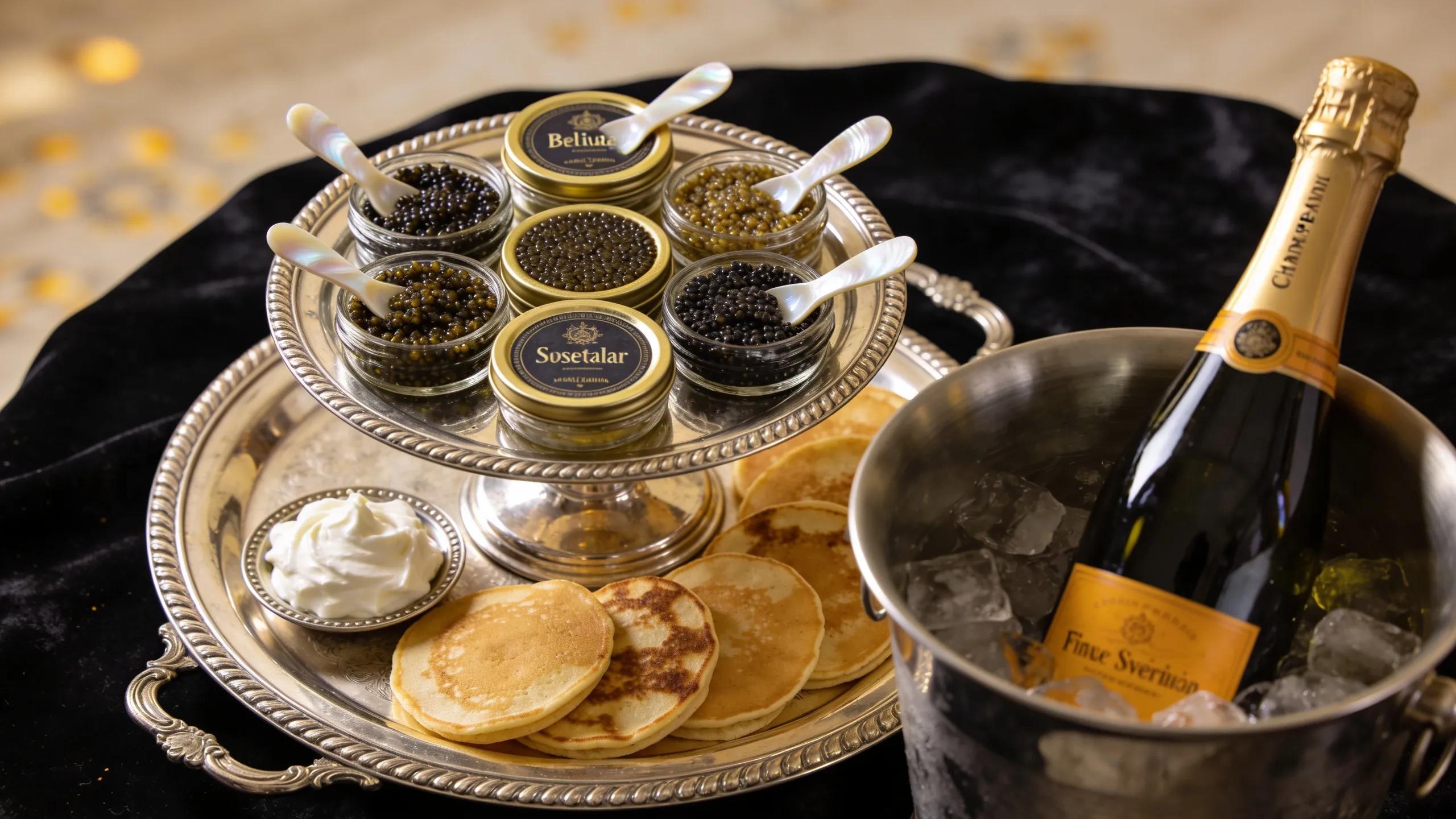 An elegant spread of various caviar types with blinis and champagne, representing luxury culinary experiences