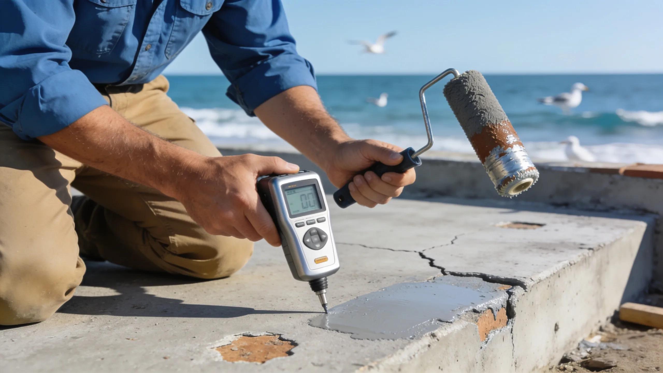 Homeowner inspecting and maintaining concrete slab foundation to prevent coastal corrosion