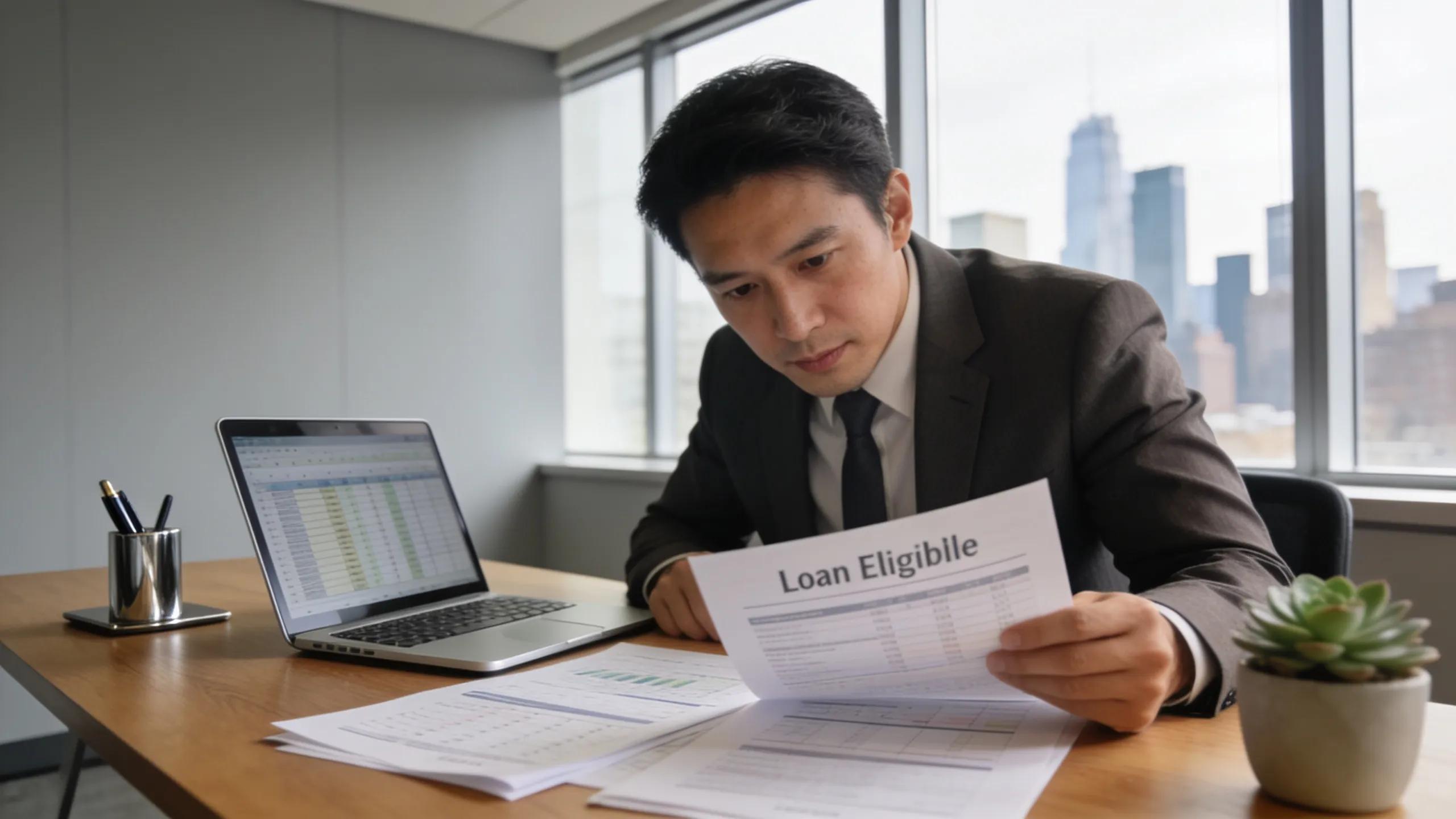 Business owner reviewing eligibility criteria for a loan in a modern office