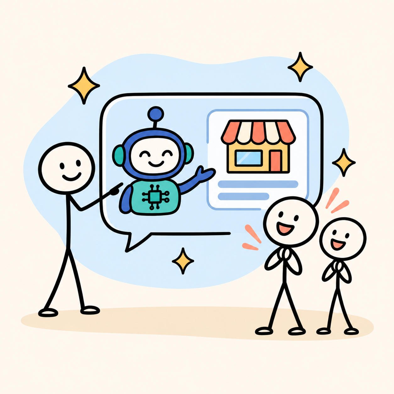 A stick figure presenting a chatbot to two excited stick figures.