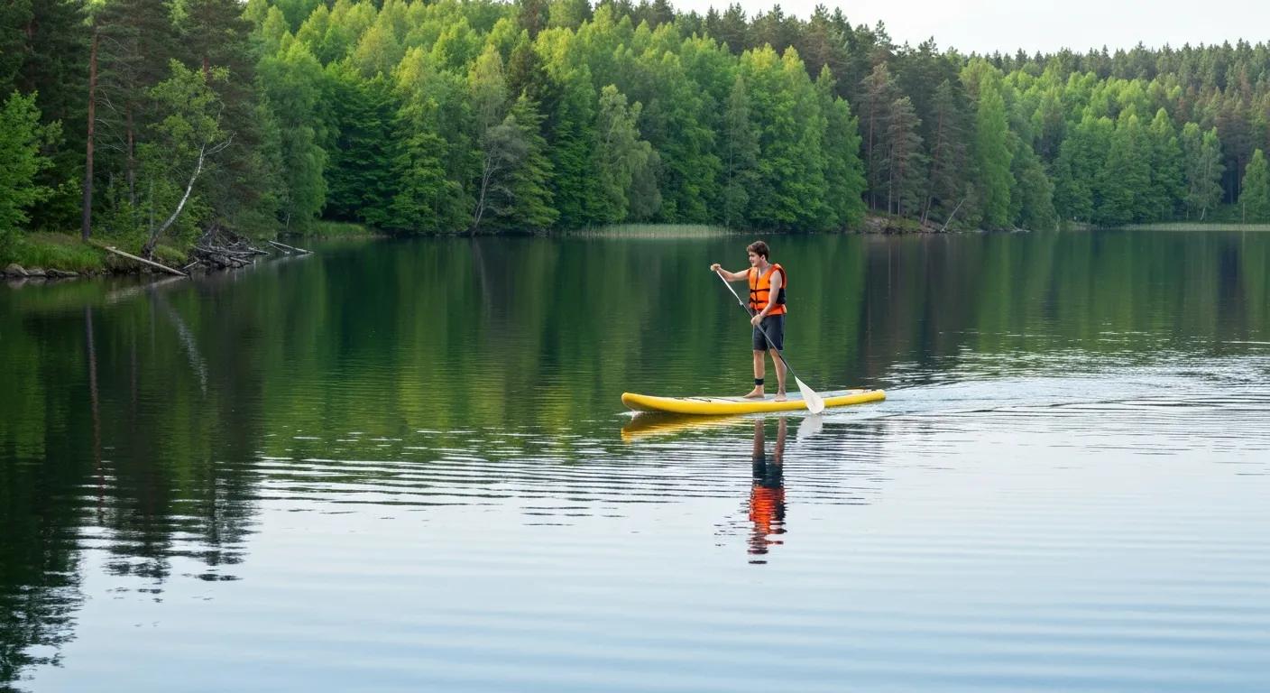 Beginner paddler practicing on calm lake water edged by trees Beginner paddler practicing on calm lake water edged by trees