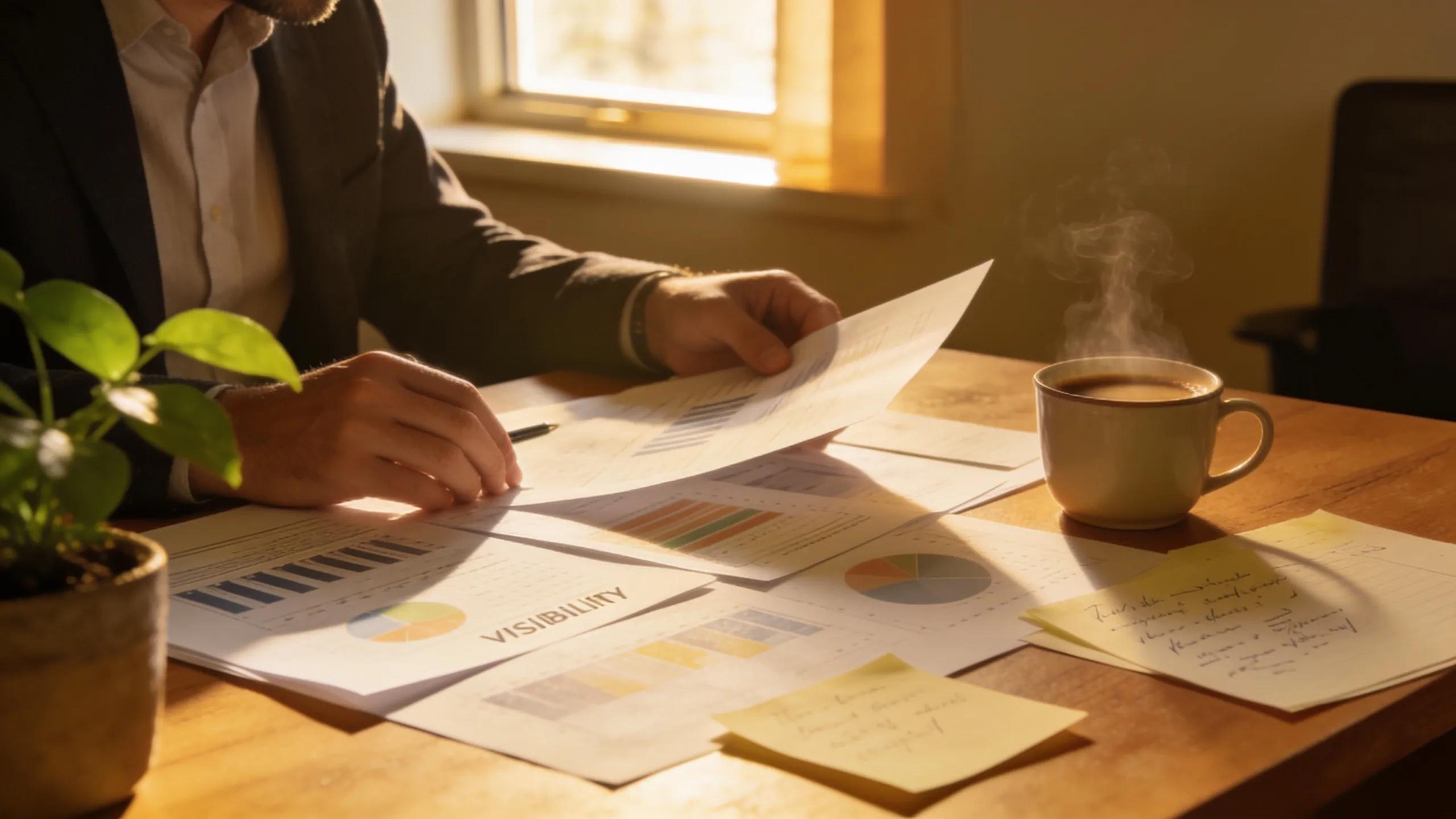 Coach reviewing visibility reports in a cozy office setting, surrounded by notes and coffee