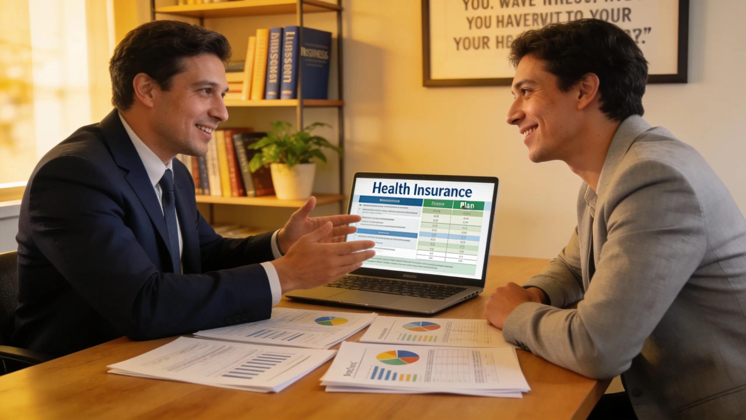 Consultant providing guidance on health insurance plans to a business owner in an office