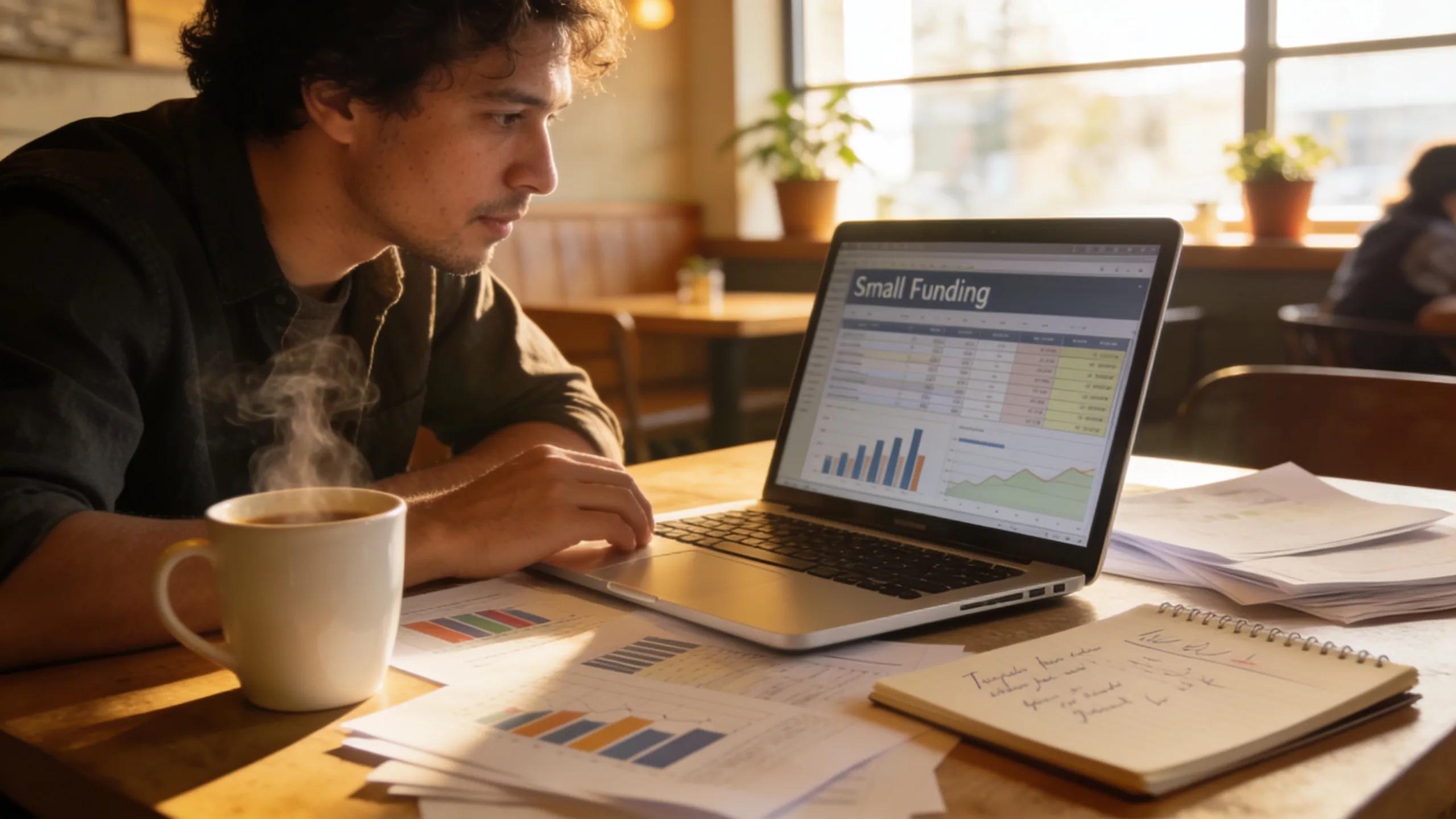 Small business owner reviewing funding options in a Northern Virginia coffee shop
