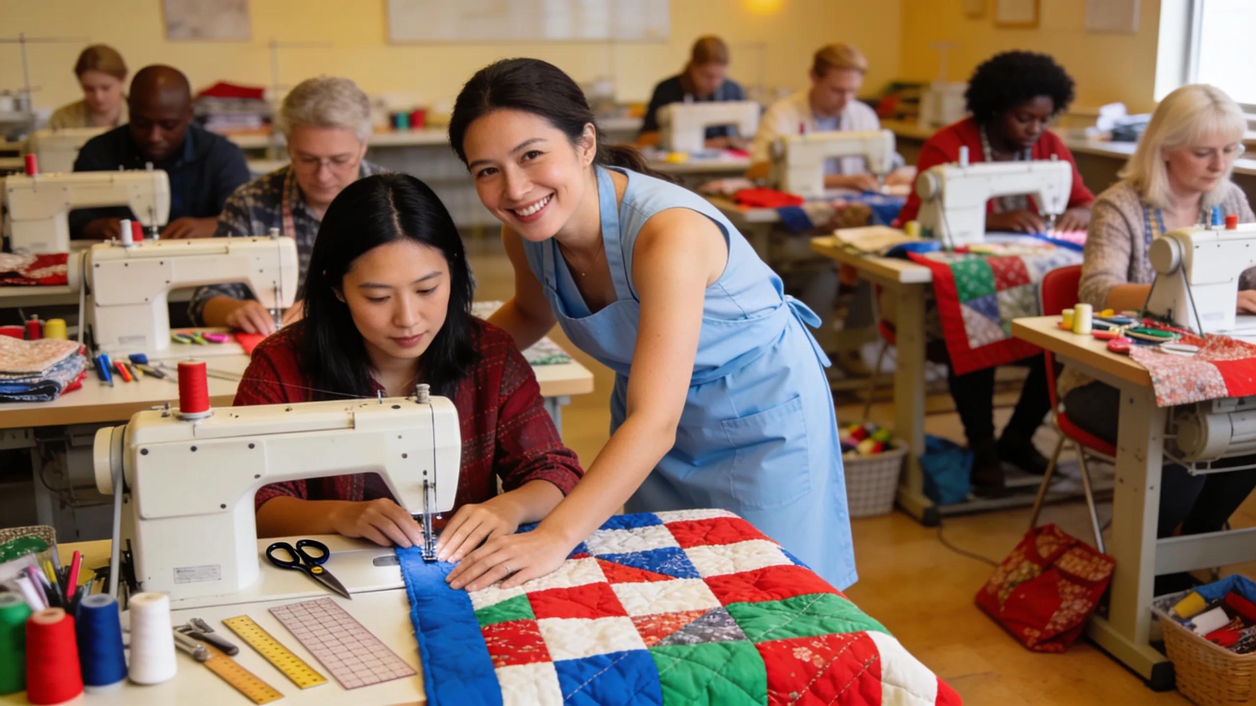 Participants in a quilting class working on sewing machines, highlighting the community aspect of learning quilting
