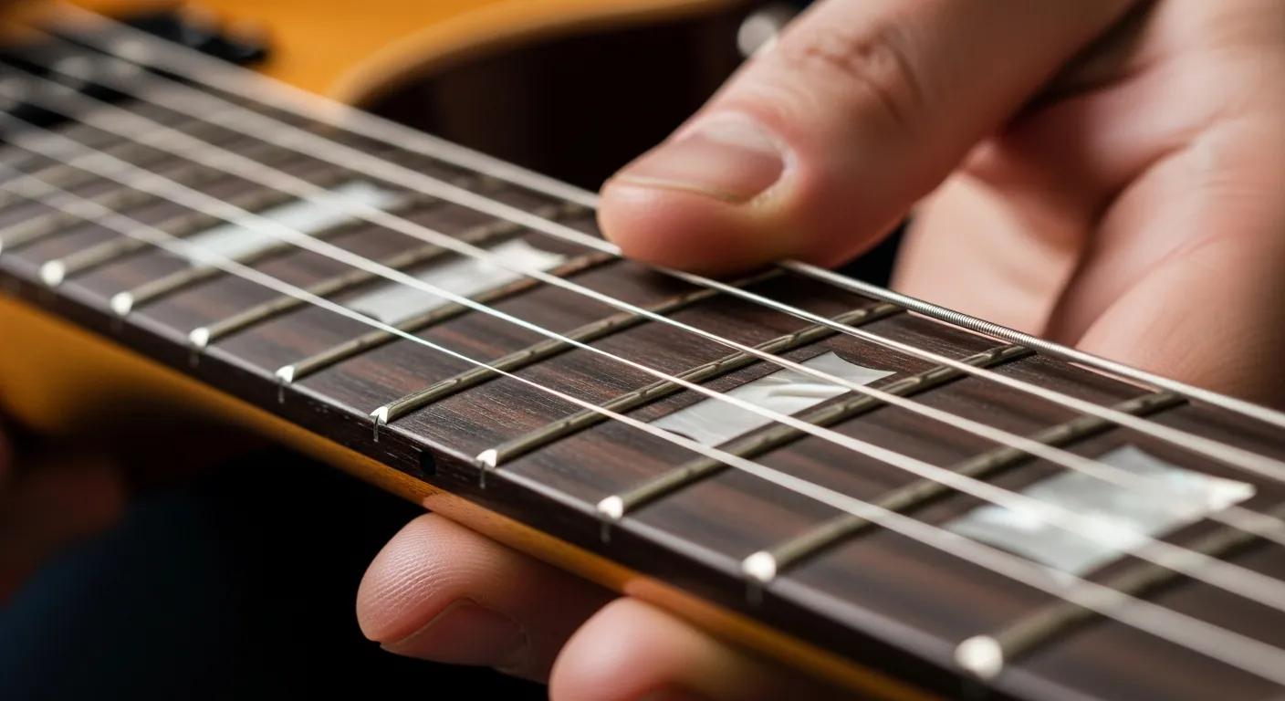 Close-up of a person inspecting the neck and frets of an electric guitar, highlighting fretboard condition proper fret dots at 3,5,7,9,12,15,17 & 19