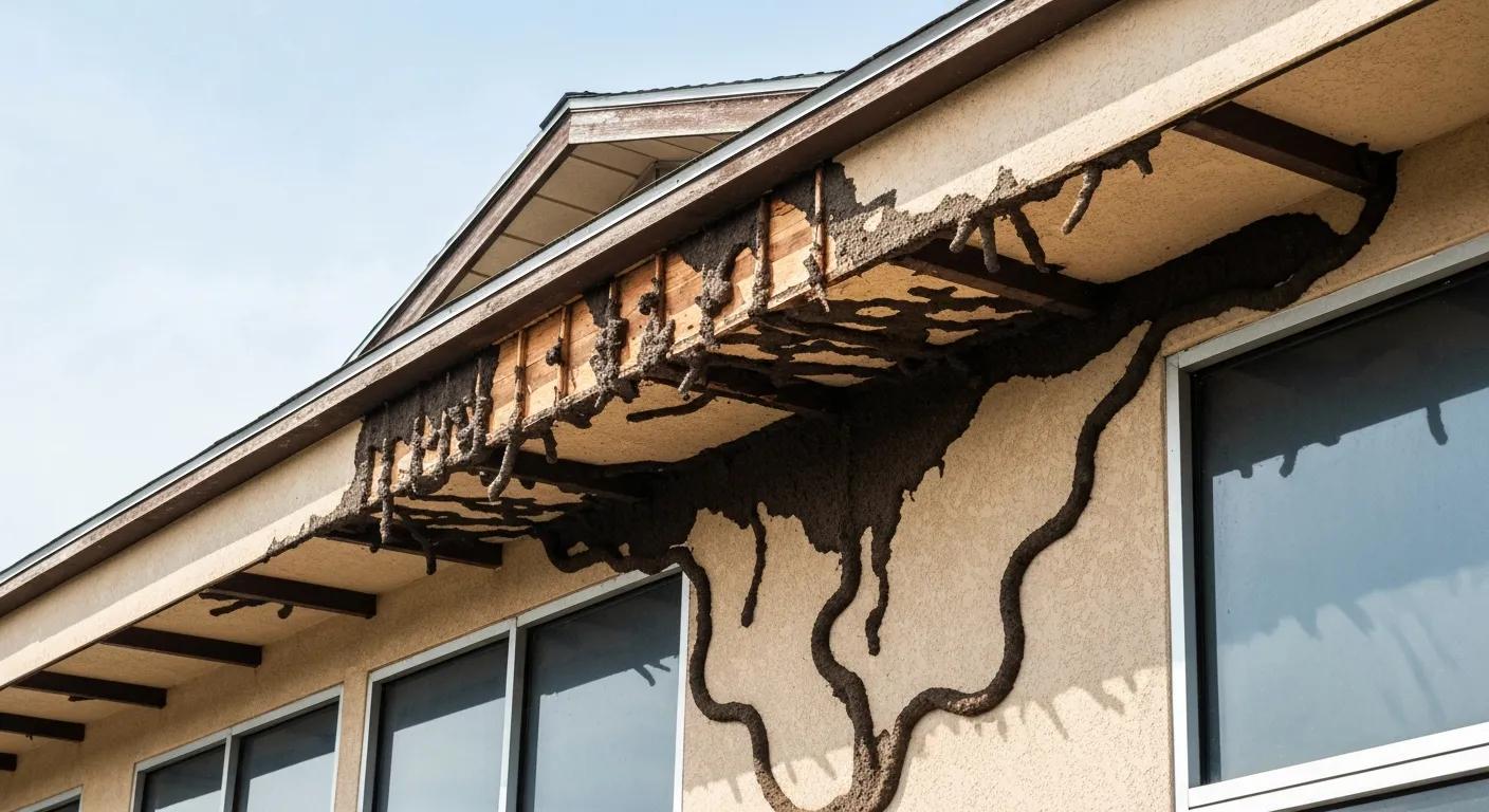 Signs of termite infestation including mud tubes and damaged wood in a commercial setting