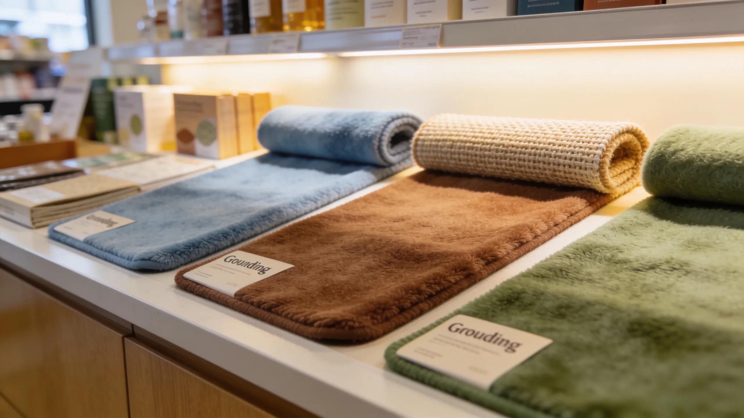 A variety of grounding sheets displayed in a health store, showcasing options for consumers
