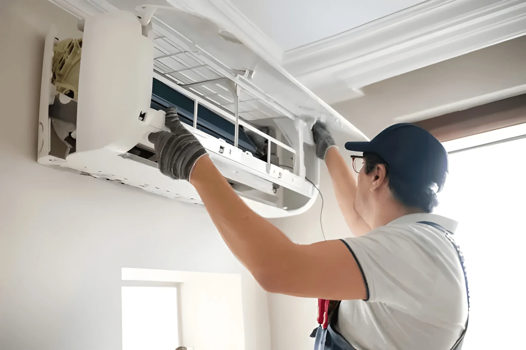 HVAC technician diagnosing an air conditioning system during emergency repair HVAC technician diagnosing an air conditioning system during emergency repair
