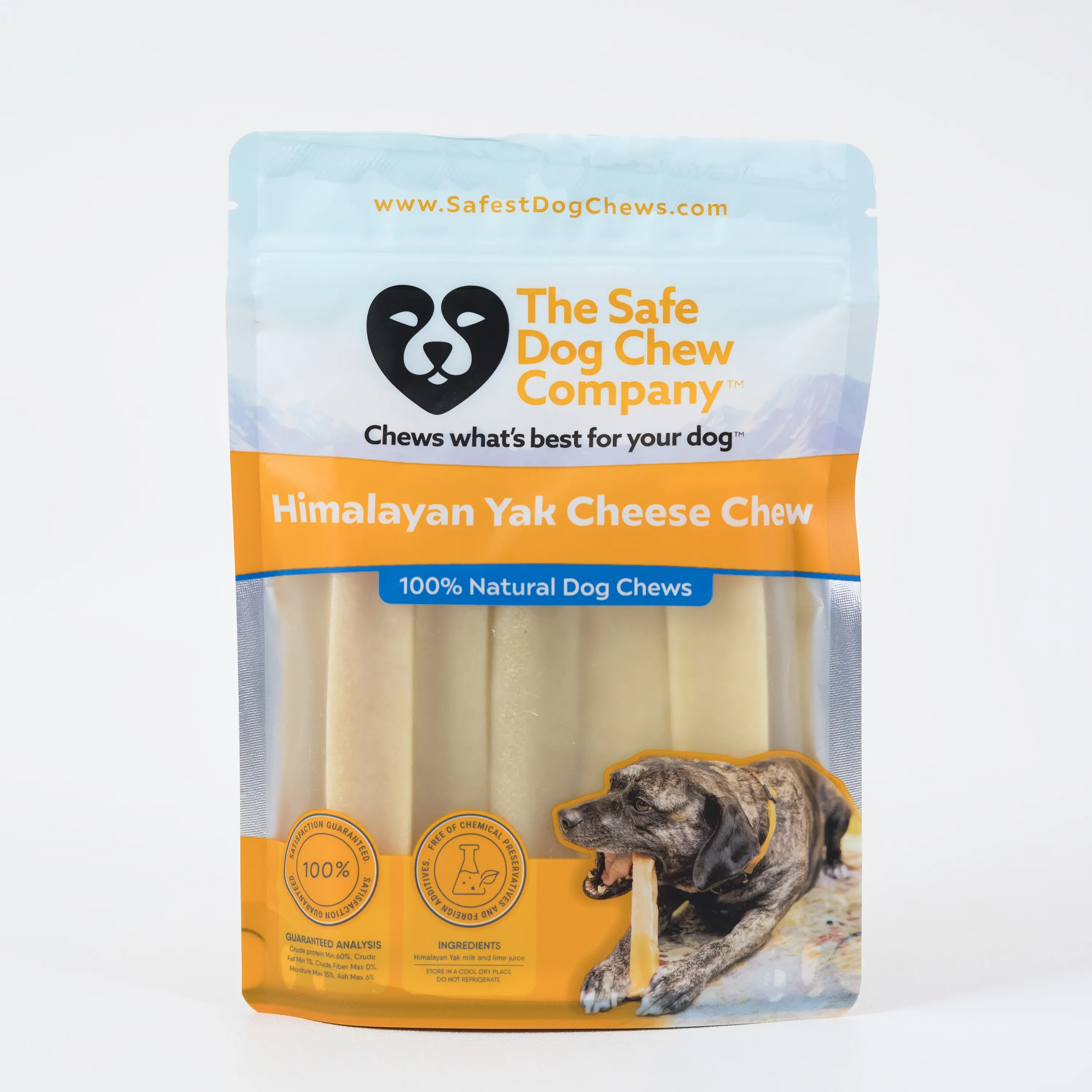 Himalayan Yak Cheese Chew dog treats in a resealable bag with a dog on the label