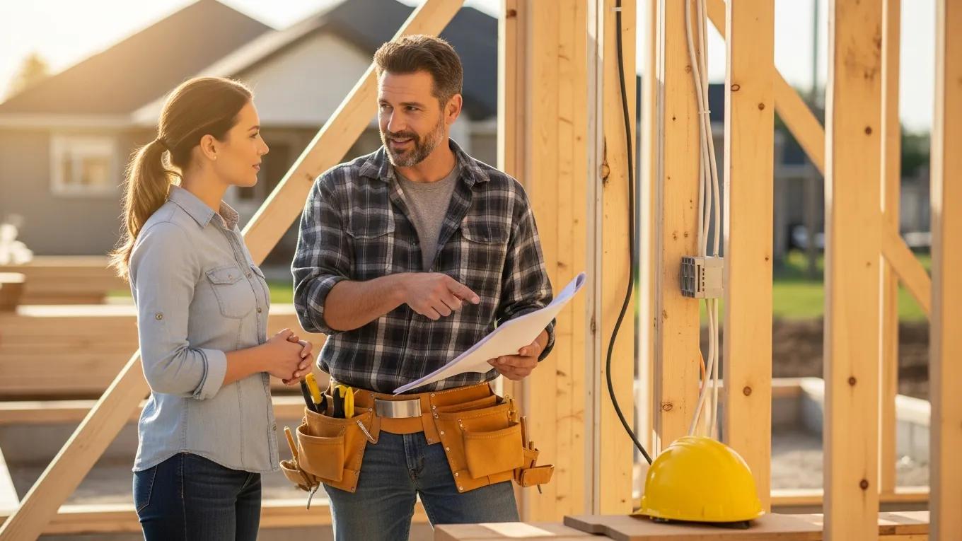 Professional carpenter consulting with a homeowner at a construction site, highlighting the value of licensed carpentry contractors