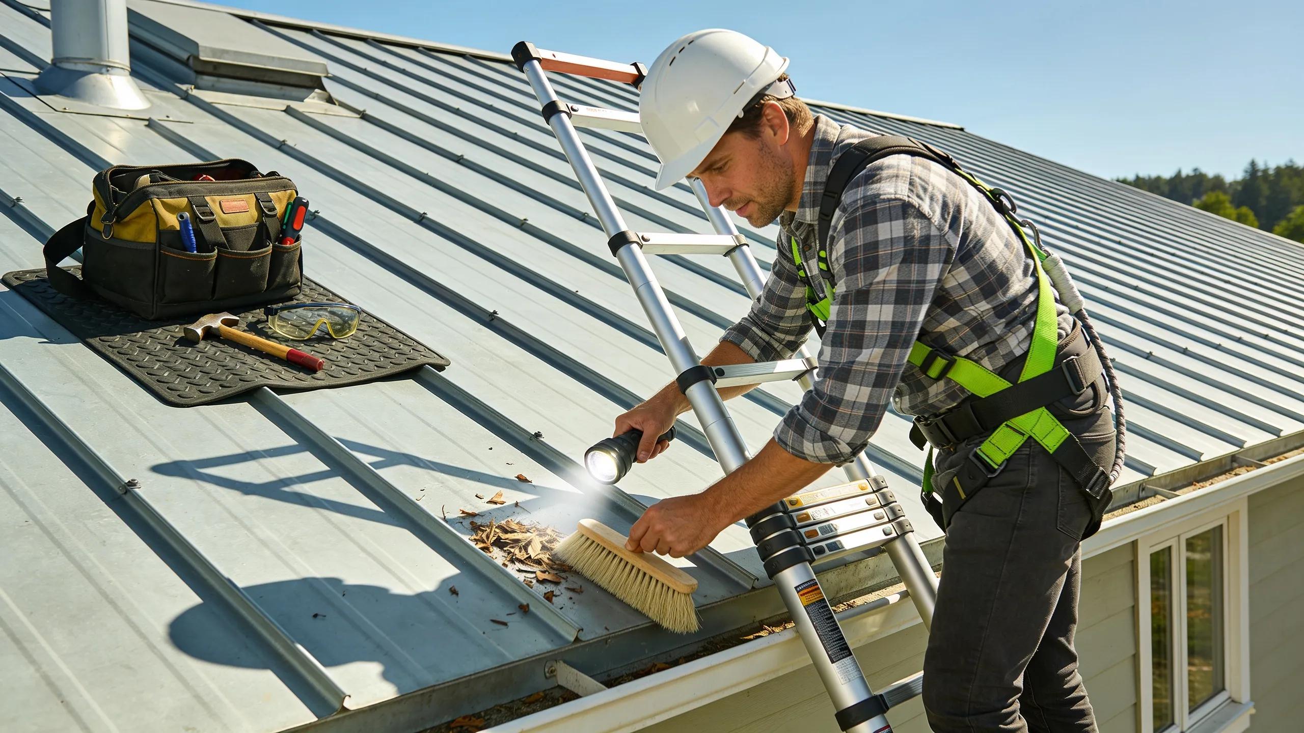 Homeowner conducting maintenance on a metal roof, highlighting essential upkeep practices Homeowner conducting maintenance on a metal roof, highlighting essential upkeep practices