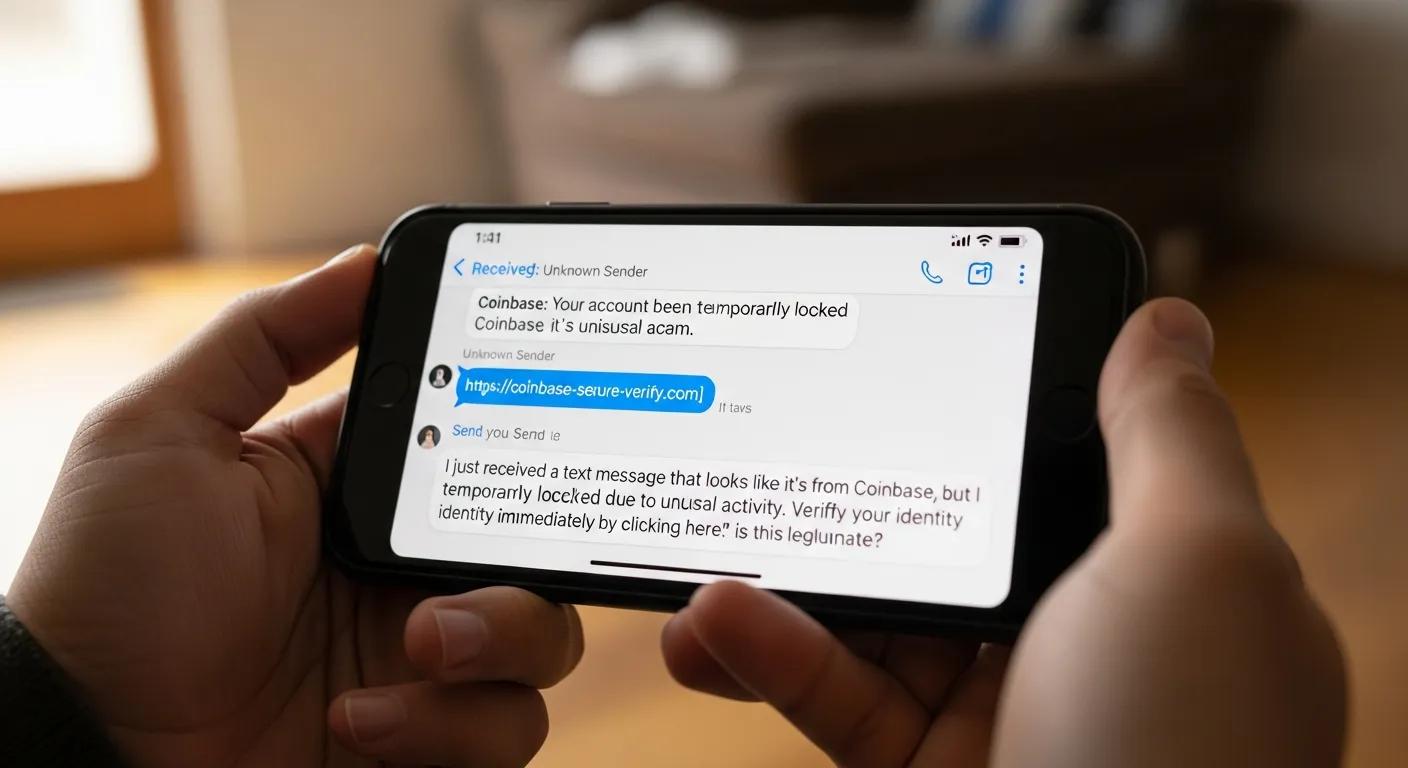 Person reporting a suspicious Coinbase-style text message from their smartphone