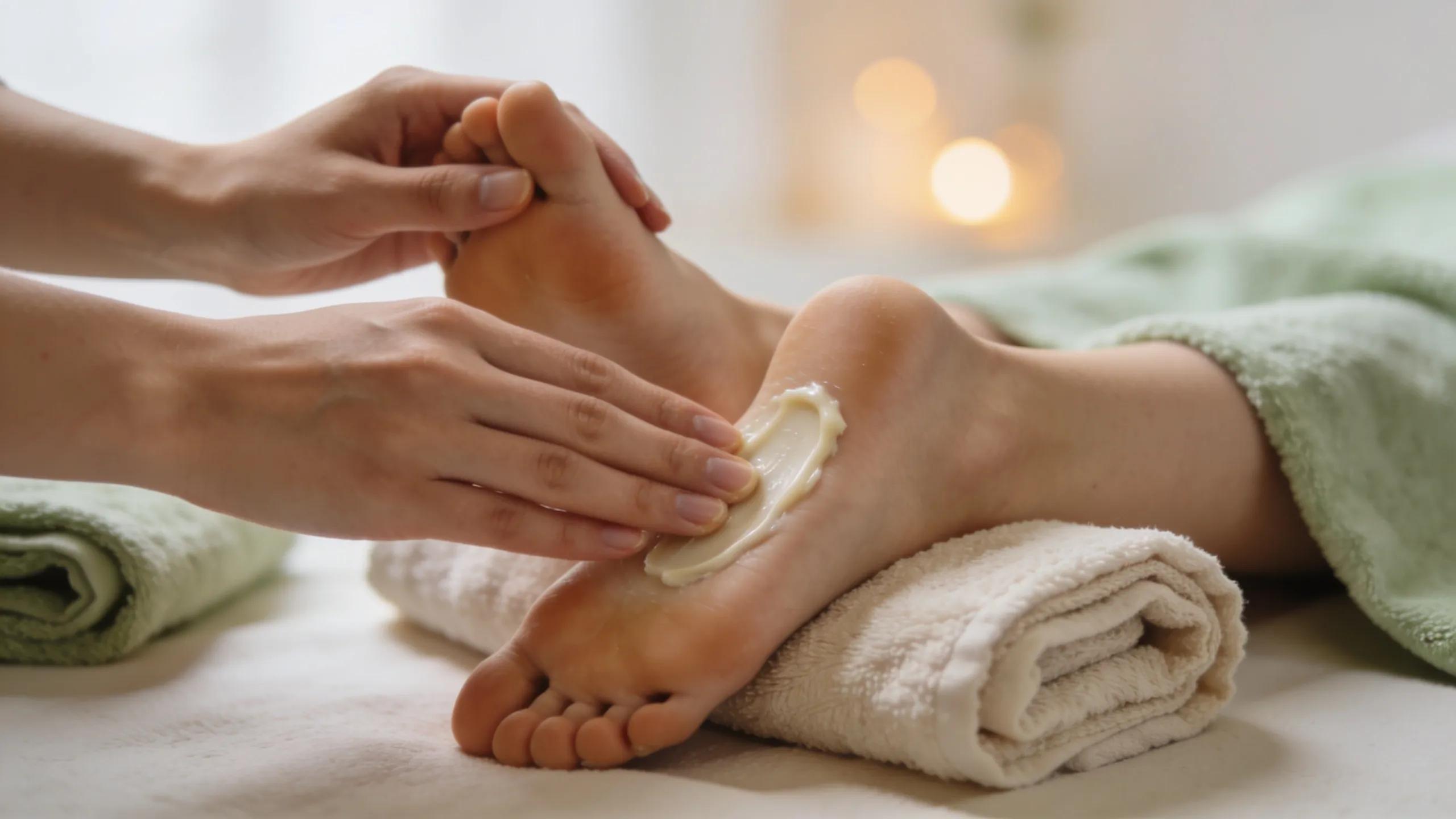 Hands applying natural foot balm to feet using best practices