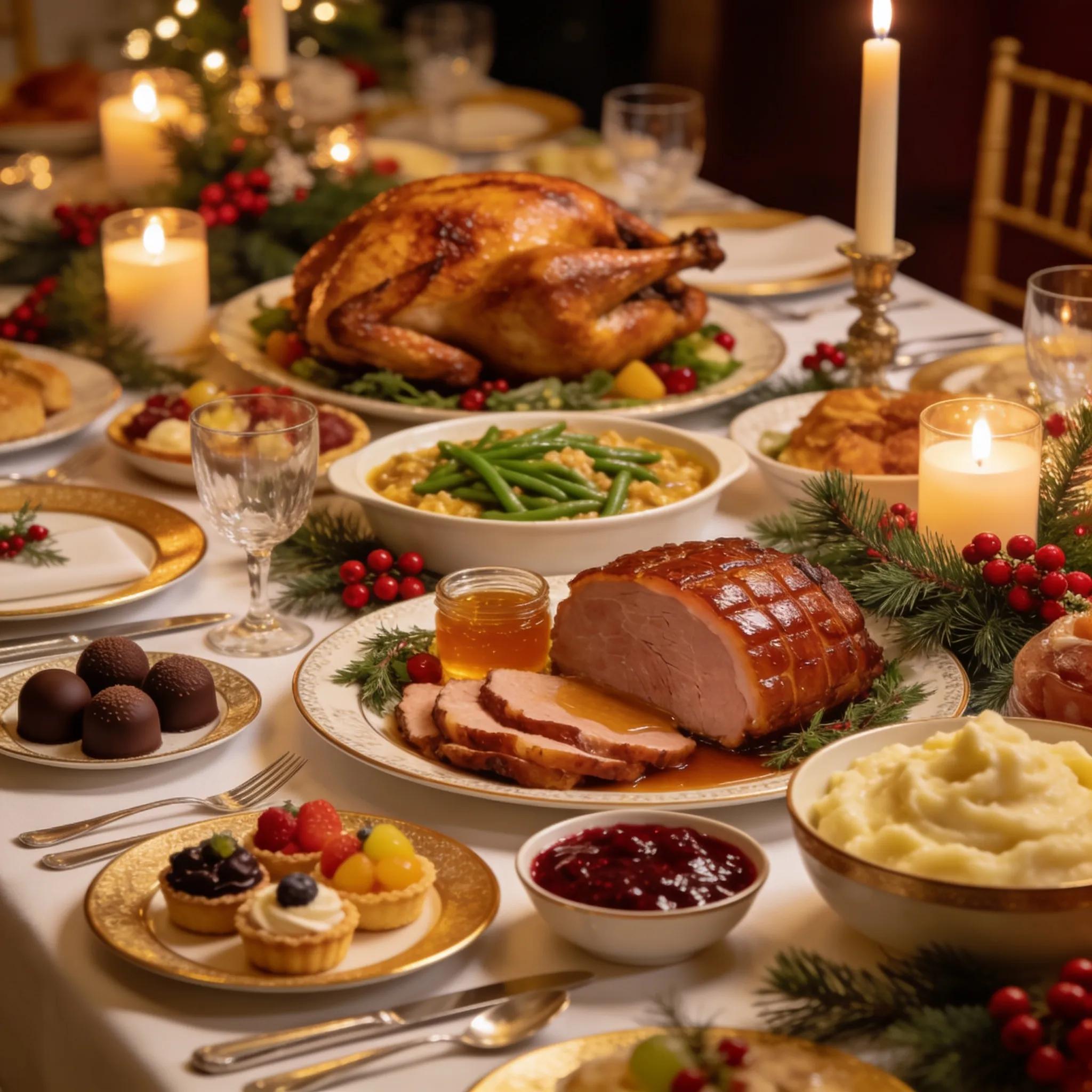 Festive holiday catering setup with gourmet dishes and elegant table settings