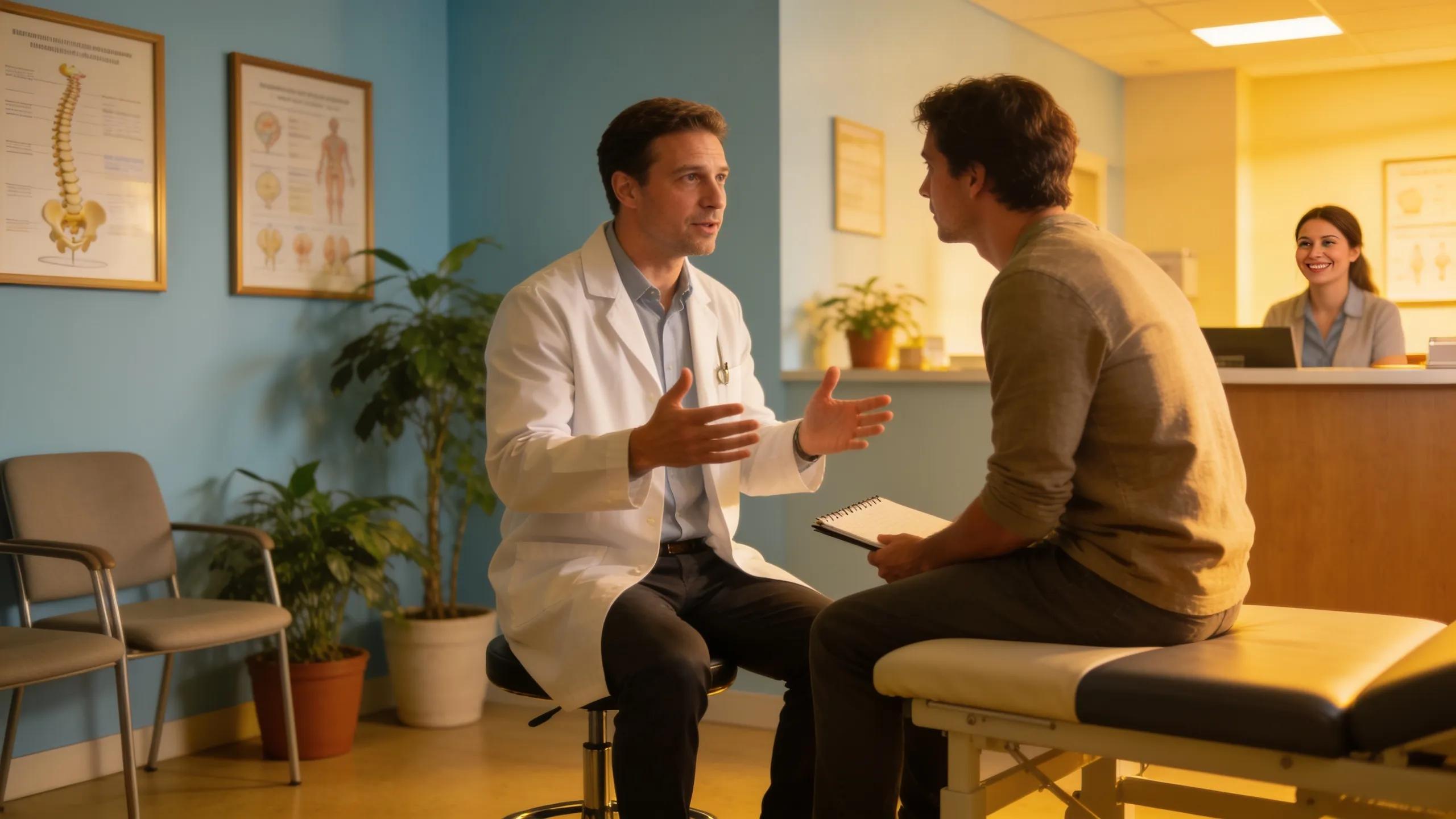 Chiropractor discussing treatment options with a patient in a welcoming clinic setting