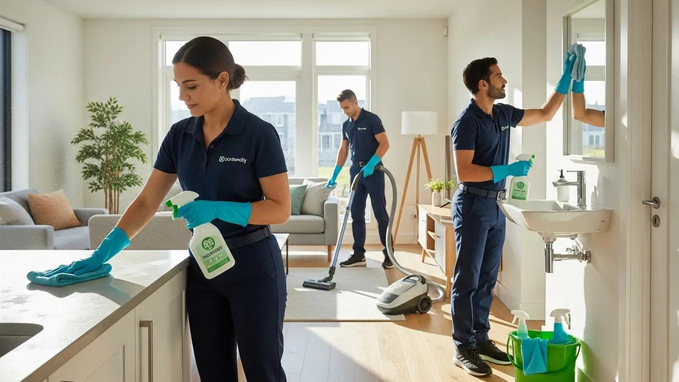 Professional cleaning team efficiently cleaning a rental property with eco-friendly products