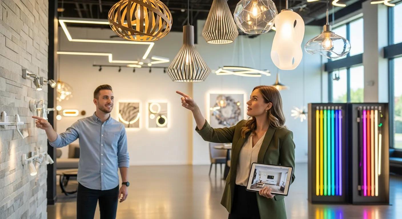 Interior designer selecting specialty lighting options for a room