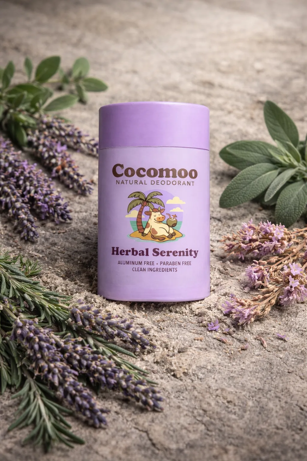 Natural deodorant stick surrounded by lavender and herbs on a textured surface