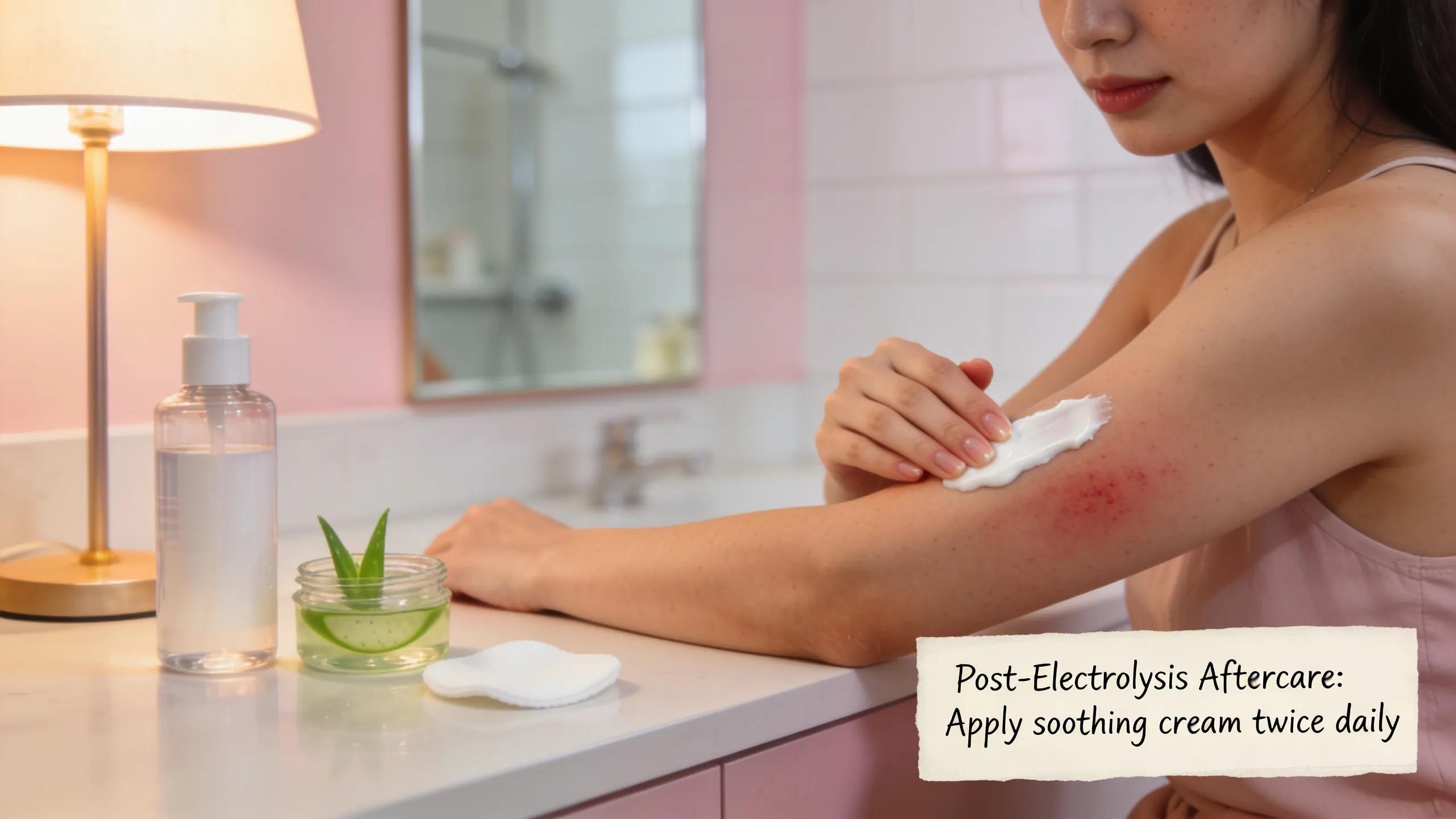 Client following aftercare recommendations post-electrolysis tattoo hair removal with skincare products