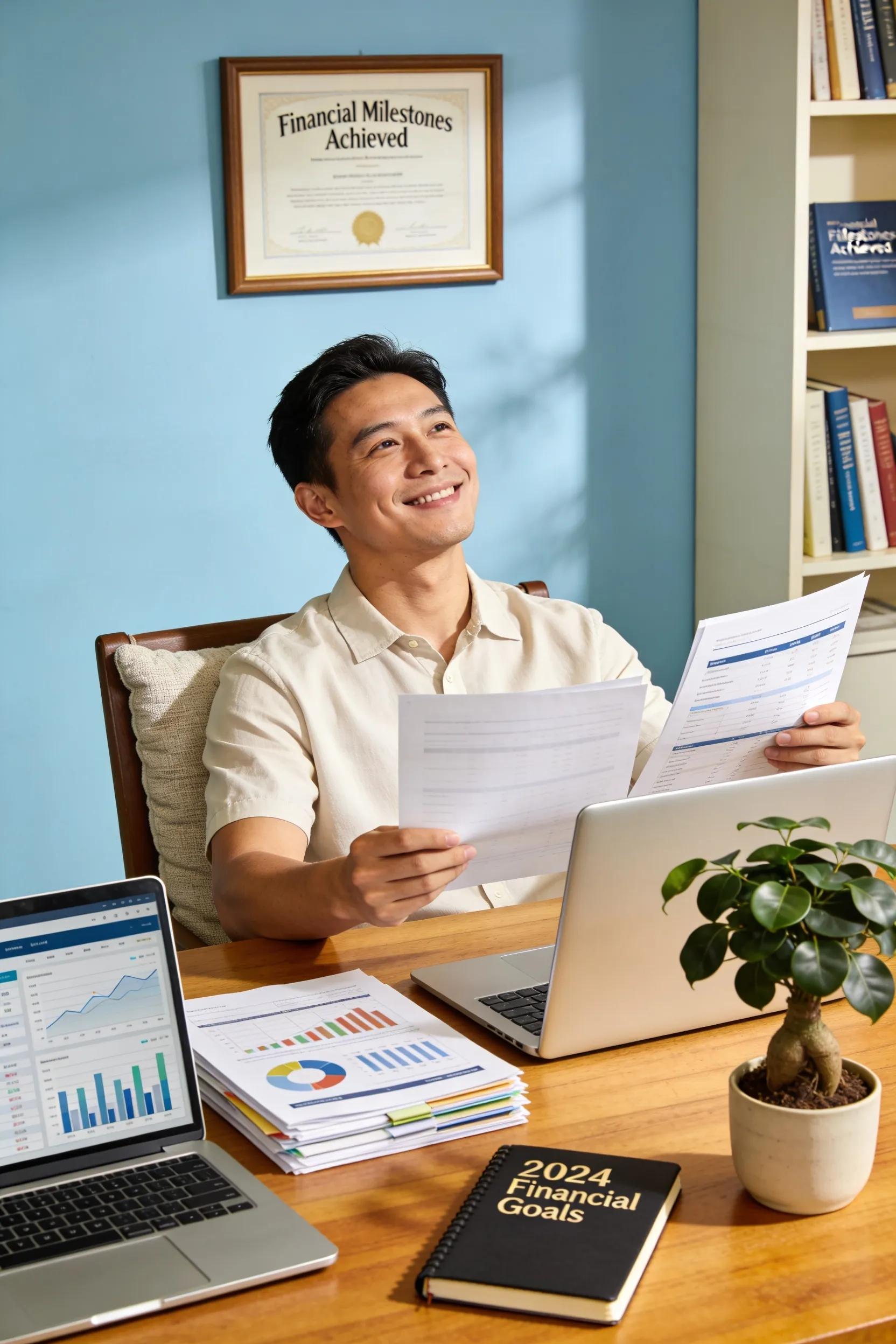 Client reviewing financial documents at home, symbolizing successful financial coaching outcomes
