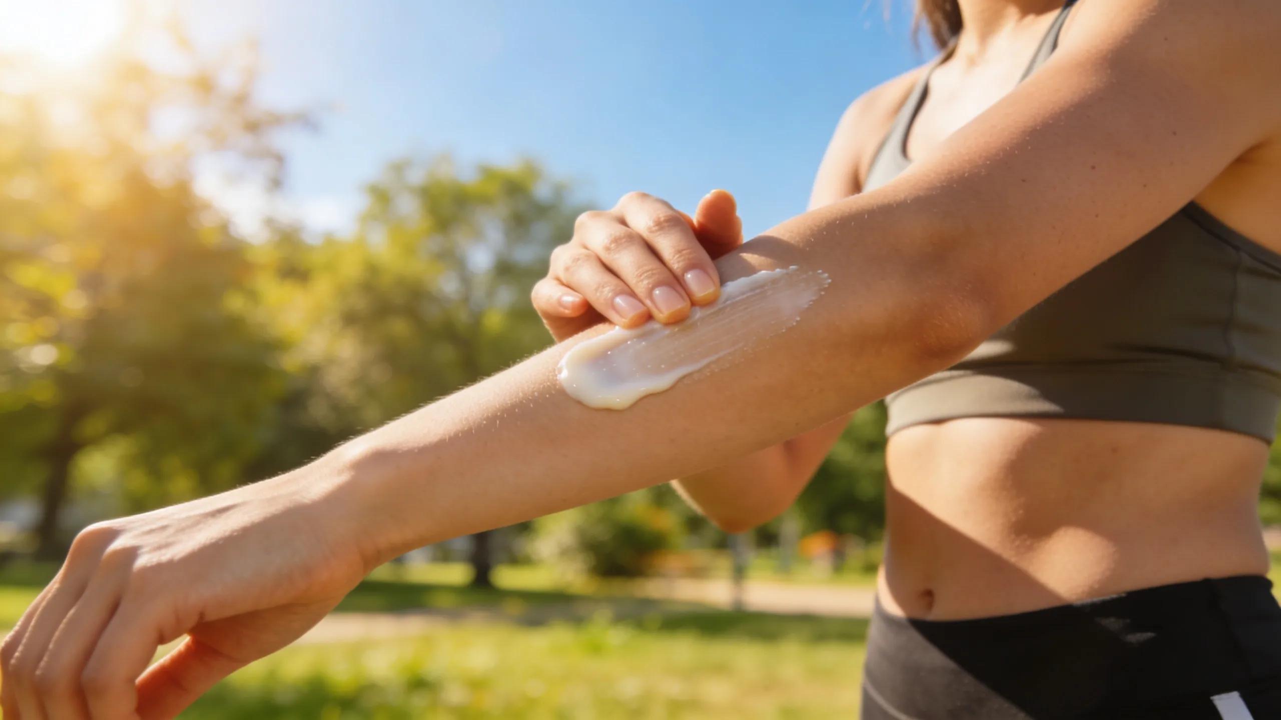 Woman applying lightweight chemical sunscreen while out in a sunny park, illustrating easy daily wear