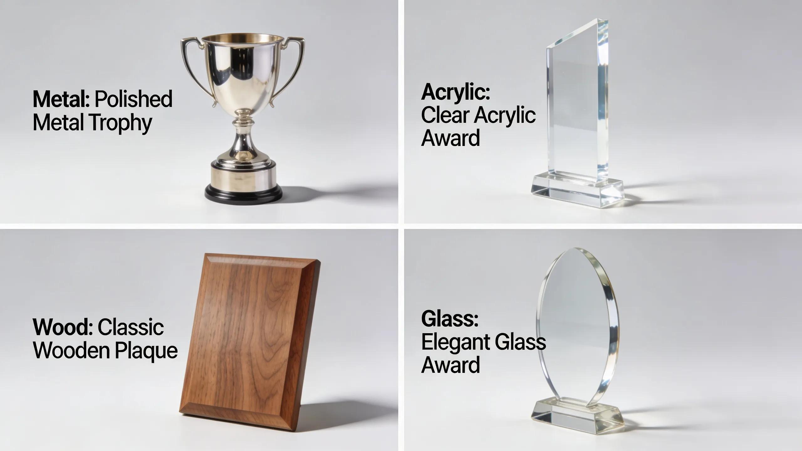 Visual representation of award materials including metal, acrylic, wood, and glass indicating their impact on pricing