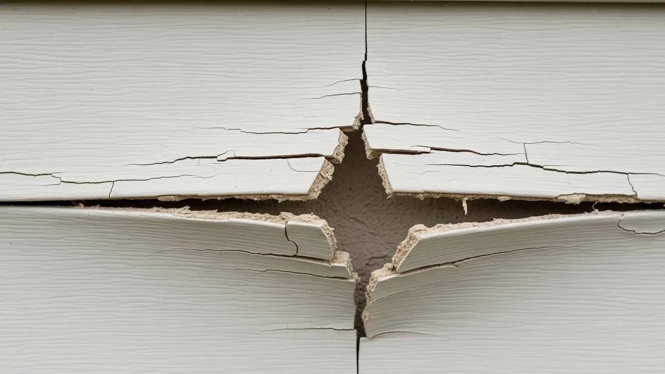 Close-up of buckled vinyl siding panel caused by heat and moisture damage