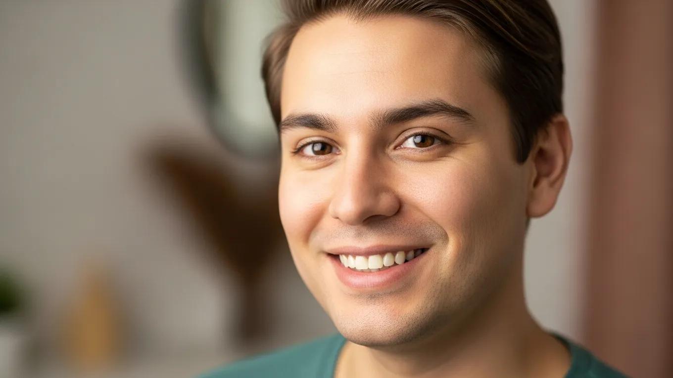 Transgender individual smiling confidently after electrolysis treatment, showcasing smooth skin