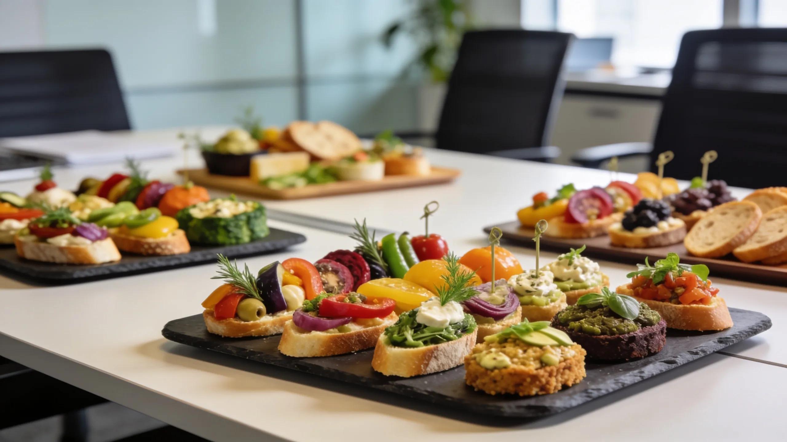 Gourmet drop-off canapé platters for corporate catering showcasing Mediterranean, vegetarian, vegan, and gluten-free options in a professional office setting