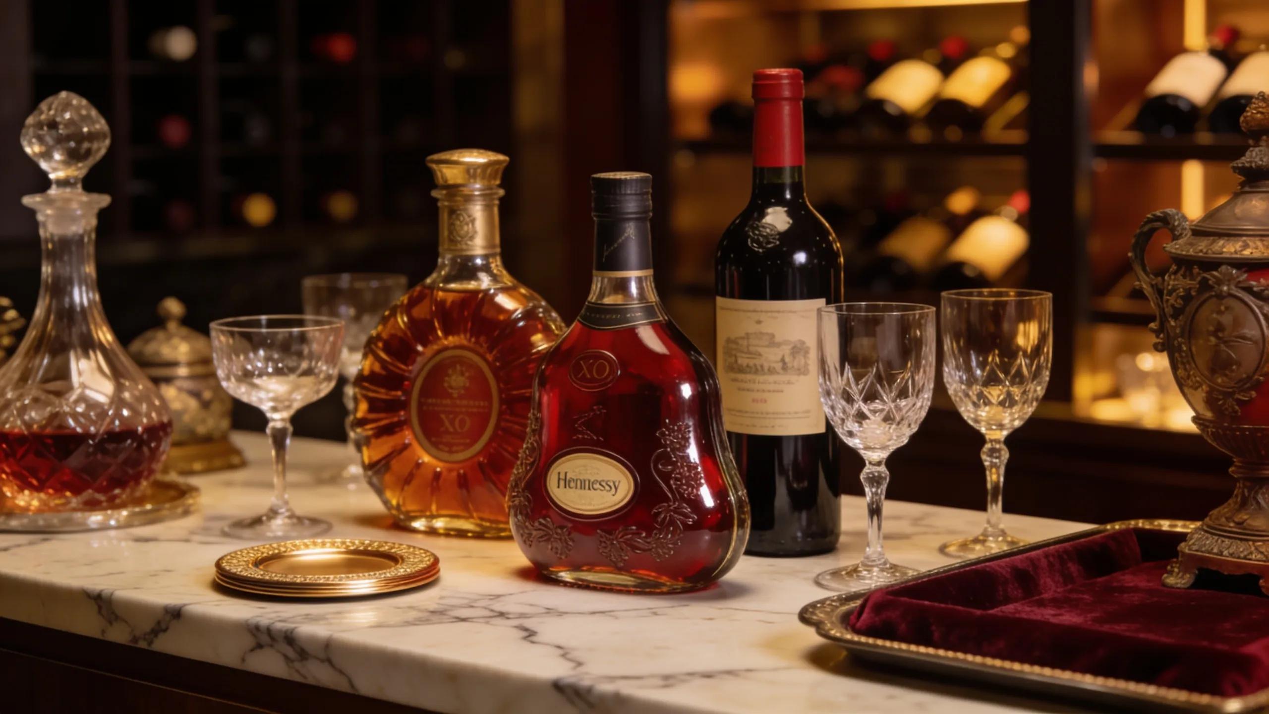 Luxurious fine wine and vintage spirits display on a marble countertop