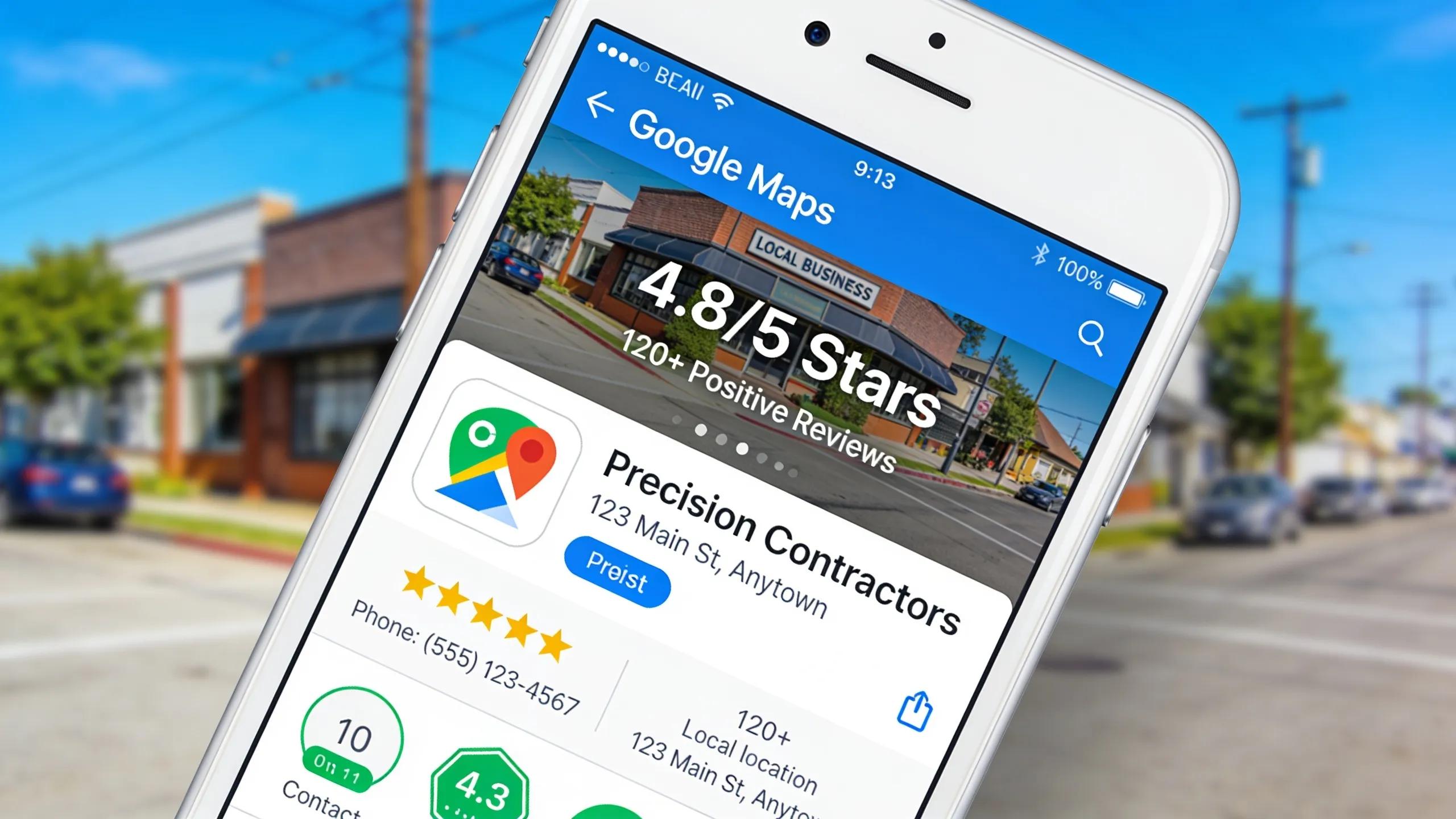 Smartphone displaying Google Maps with a contractor business profile and positive reviews