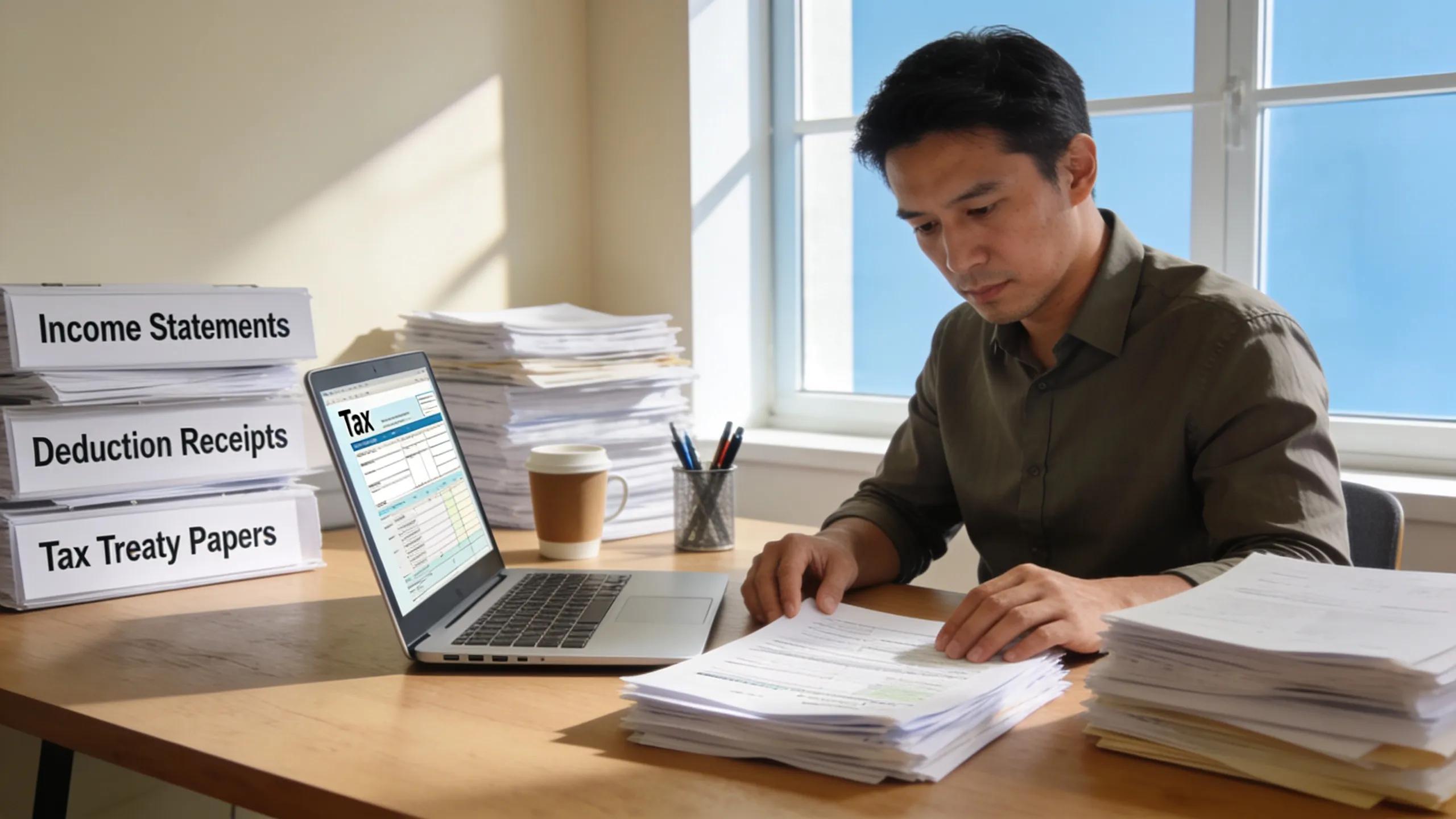 Expat preparing tax documents at a desk with a laptop Expat preparing tax documents at a desk with a laptop