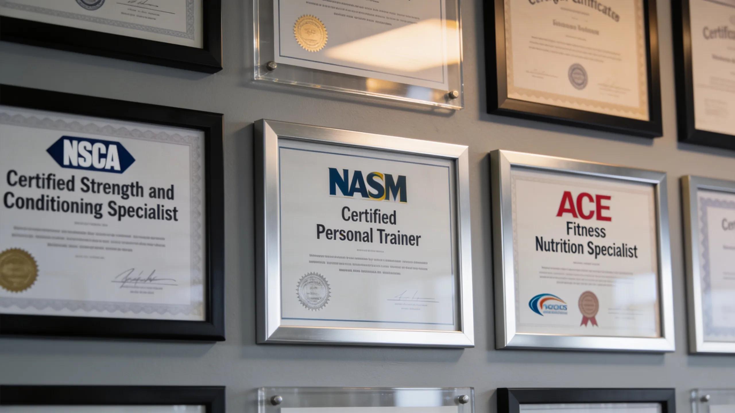 A wall displaying recognized strength training certifications and diplomas in a fitness environment
