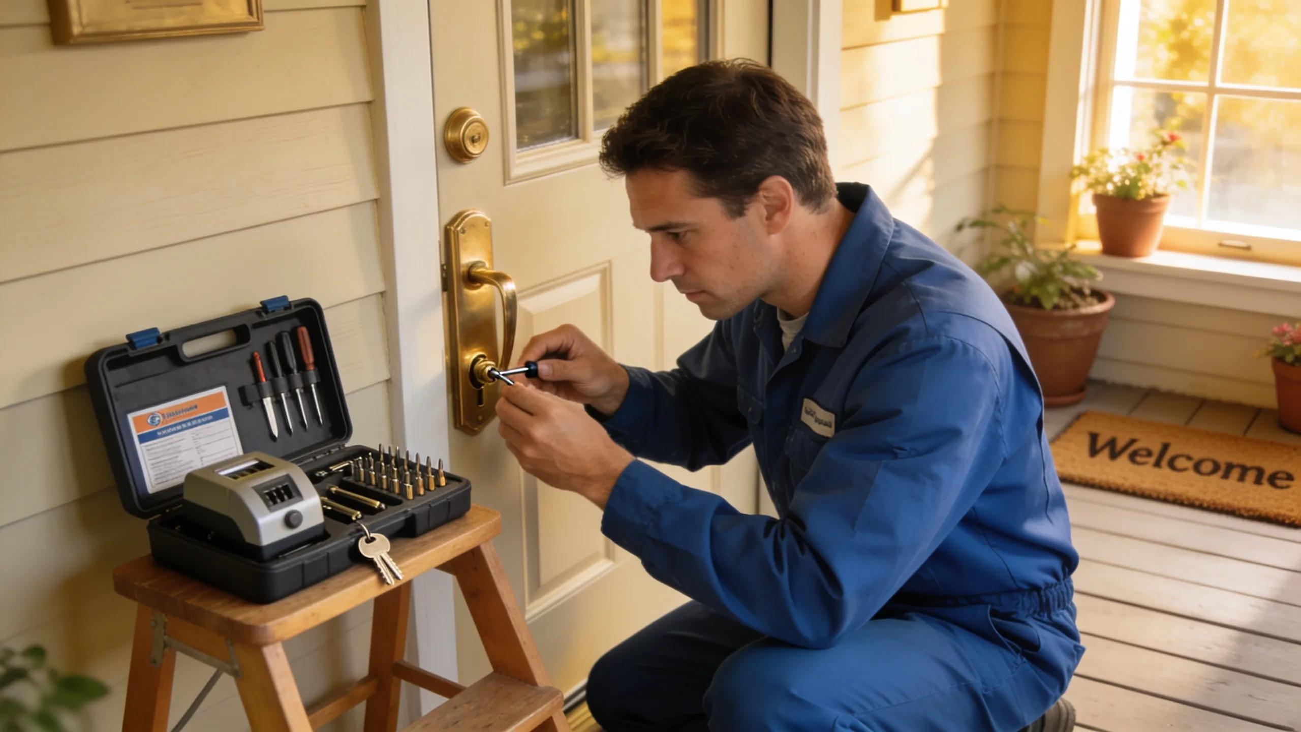Professional locksmith working on a residential door lock, highlighting reliability and home security.