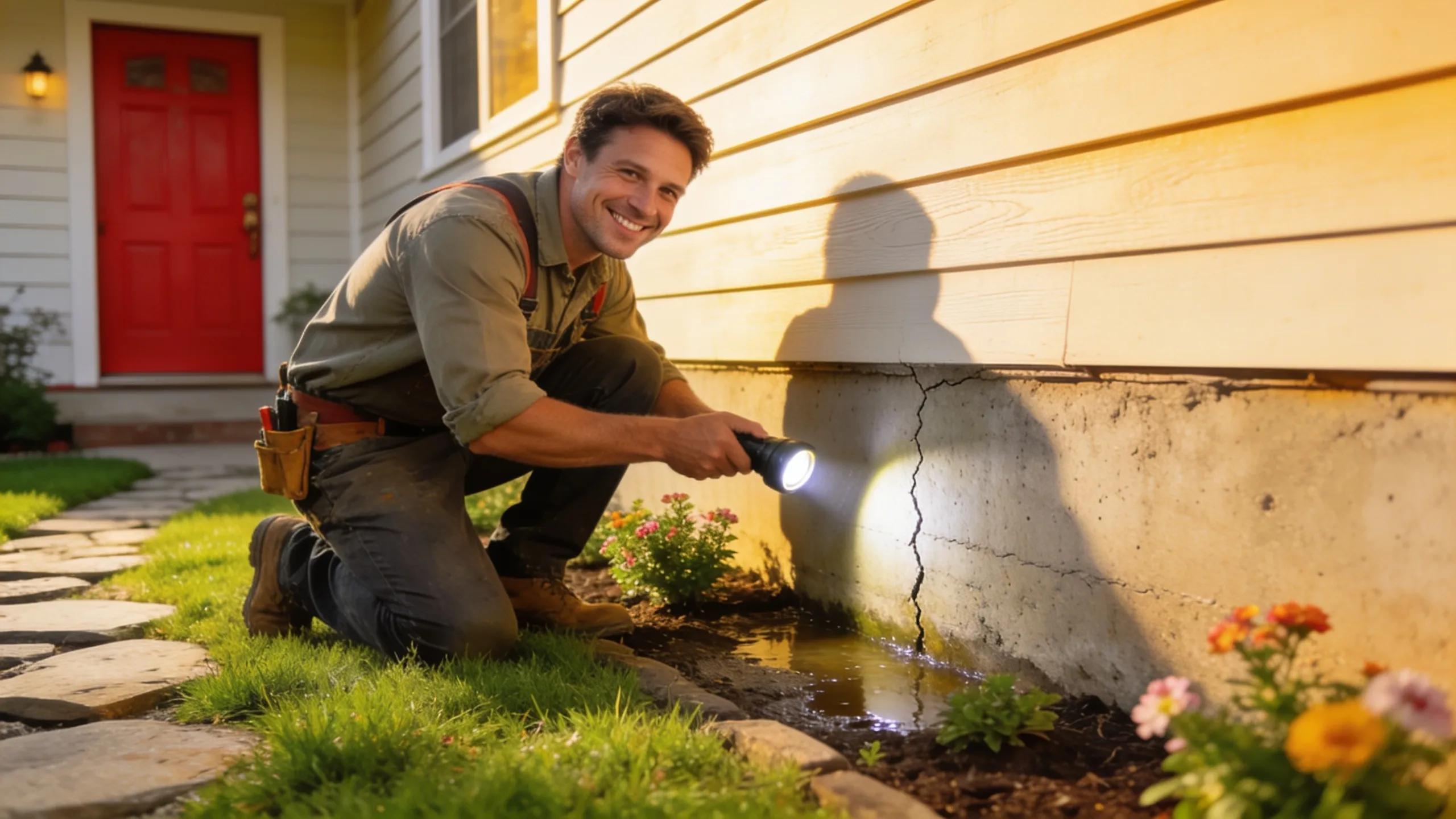 Homeowner inspecting foundation for cracks, emphasizing DIY foundation repair tips