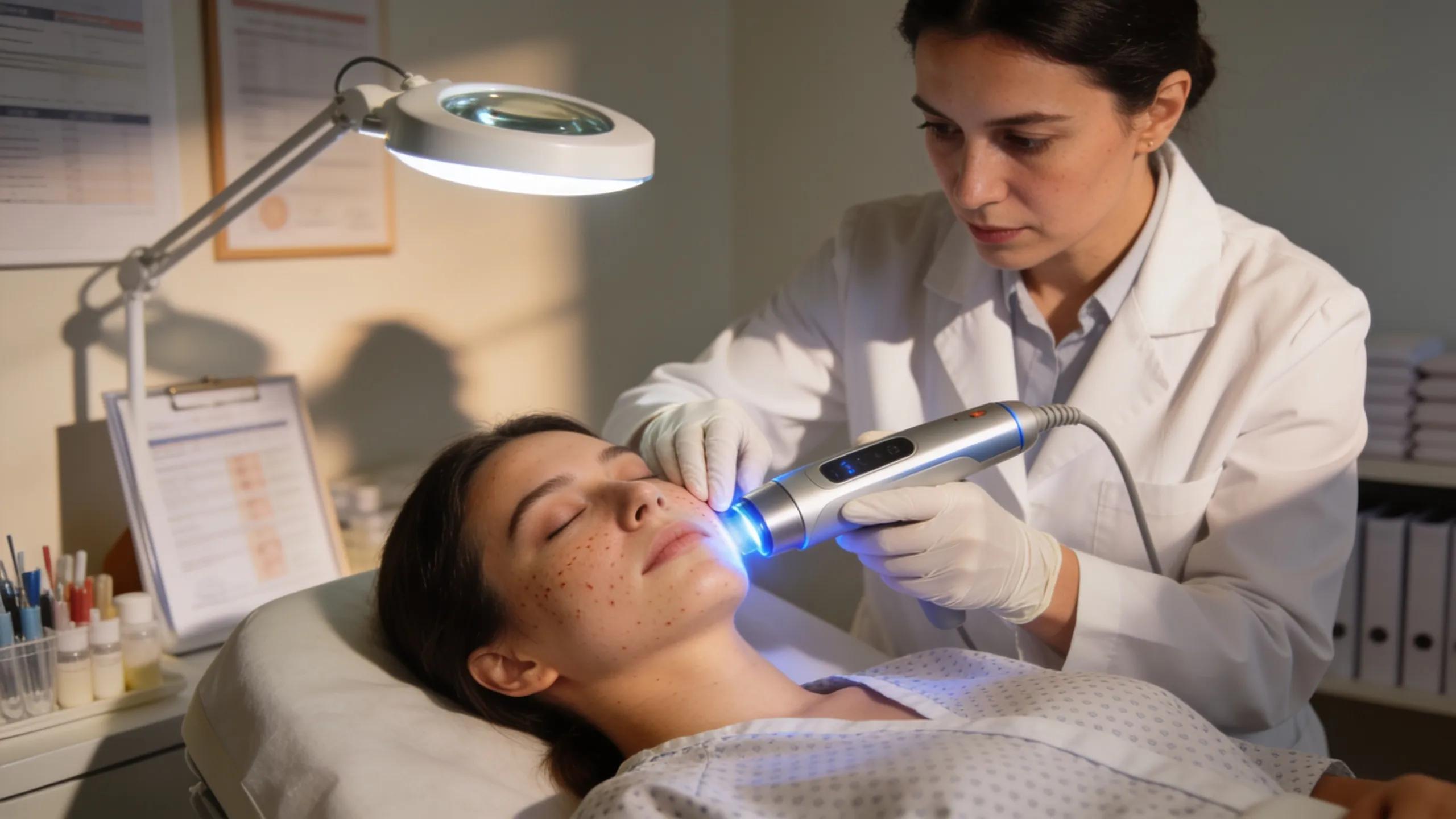 Dermatologist performing laser treatment on a patient, showcasing advanced technology for acne scar removal